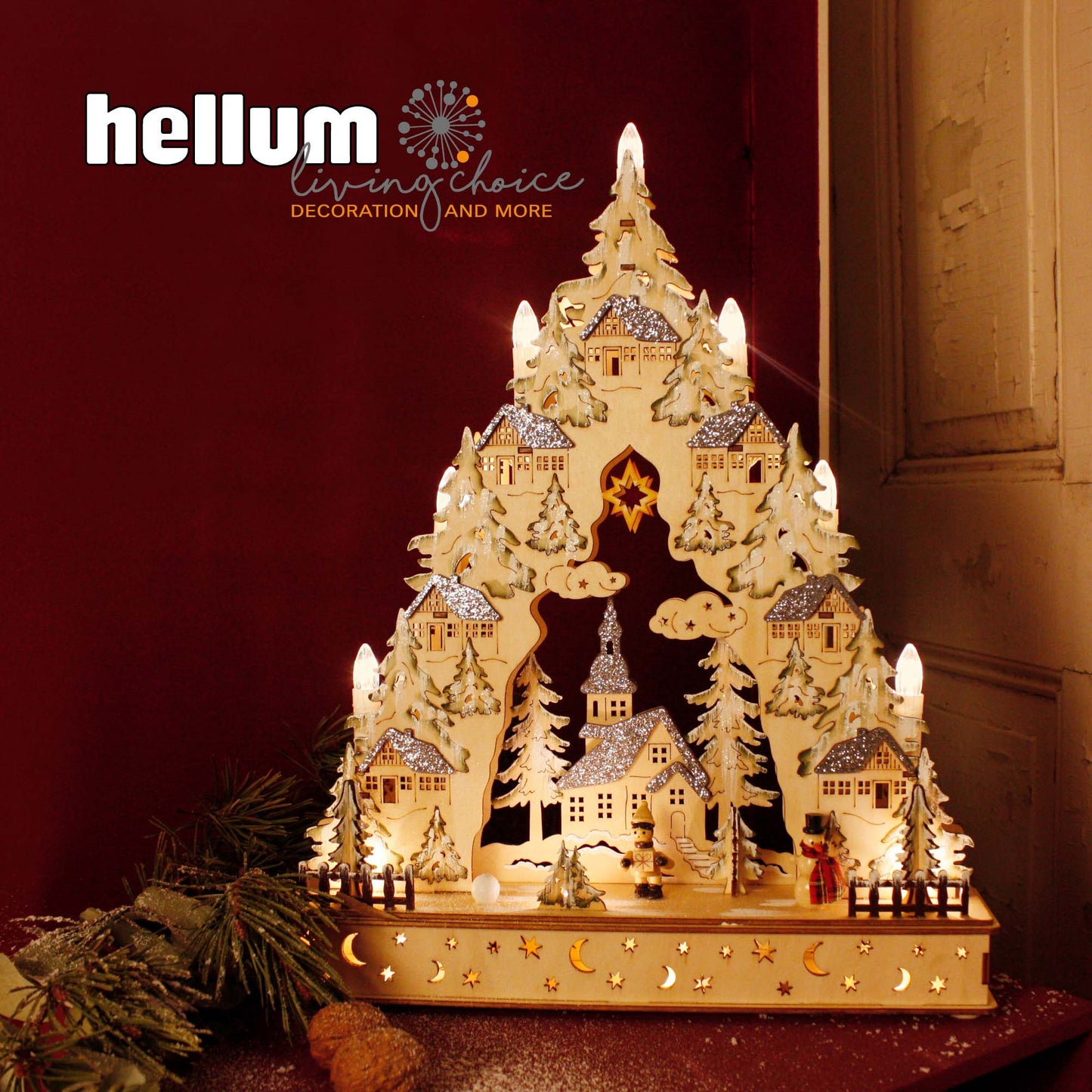LED-Holzleuchter „Winterliche Kirche mit Schneemann“, mit 6h-Timer, batteriebetrieben_525021