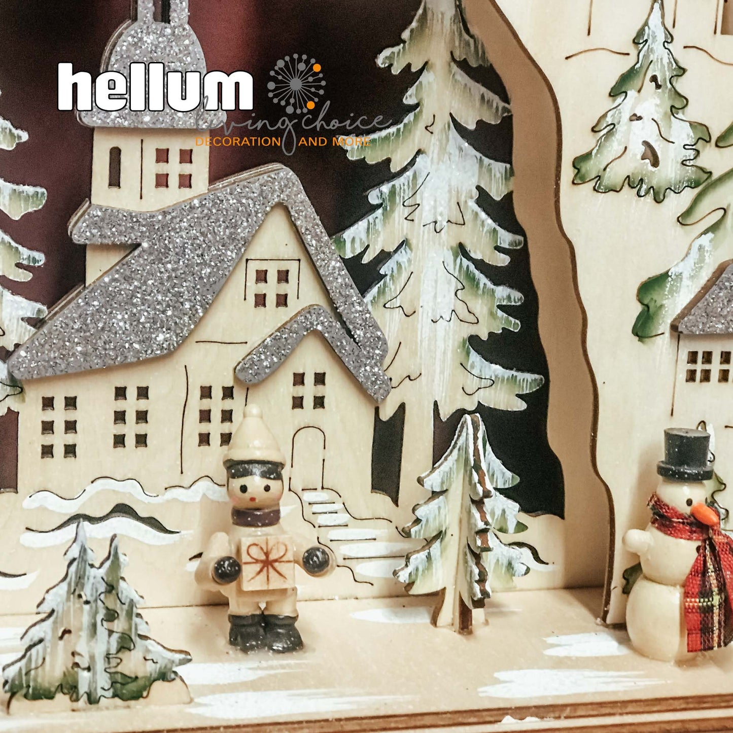 LED-Holzleuchter „Winterliche Kirche mit Schneemann“, mit 6h-Timer, batteriebetrieben