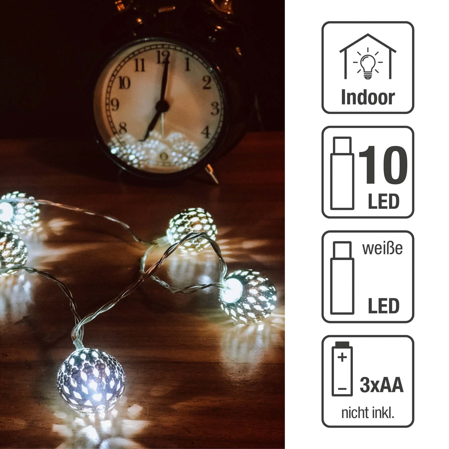10-tlg. LED-Lichterkette, mit Metallbällen, warm-weiß, transparentes Kabel, batteriebetrieben