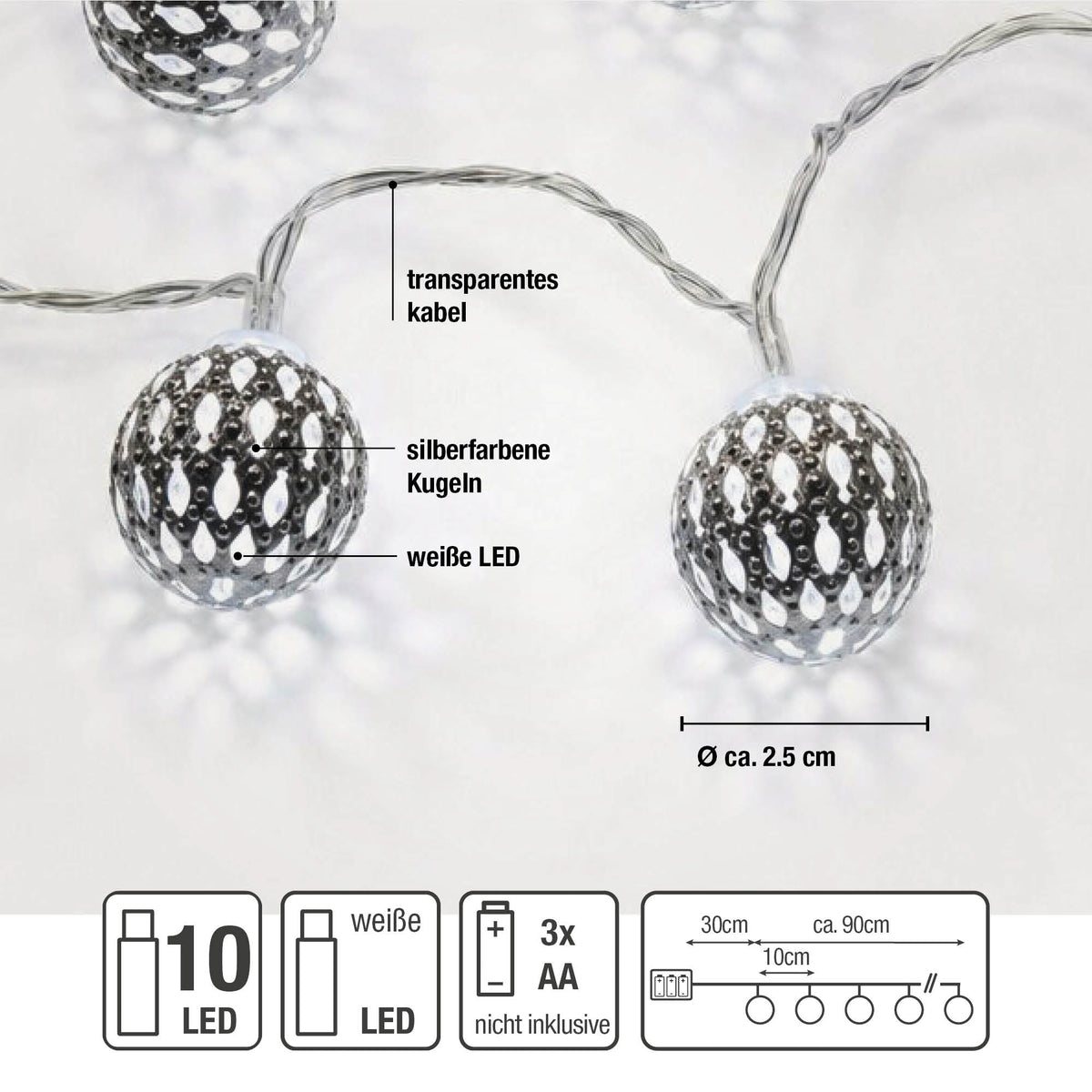 LED Lichterkette mit Metallbällen innen, 10 LED weiß, 0,9 m beleuchtet, transparentes Kabel, mit Timer, batteriebetrieben
