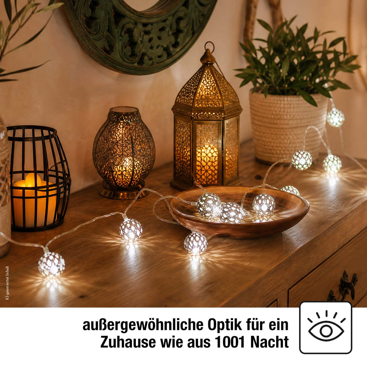LED Lichterkette mit Metallbällen innen, 10 LED weiß, 0,9 m beleuchtet, transparentes Kabel, mit Timer, batteriebetrieben