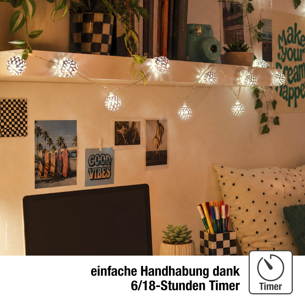 LED Lichterkette mit Metallbällen innen, 10 LED weiß, 0,9 m beleuchtet, transparentes Kabel, mit Timer, batteriebetrieben