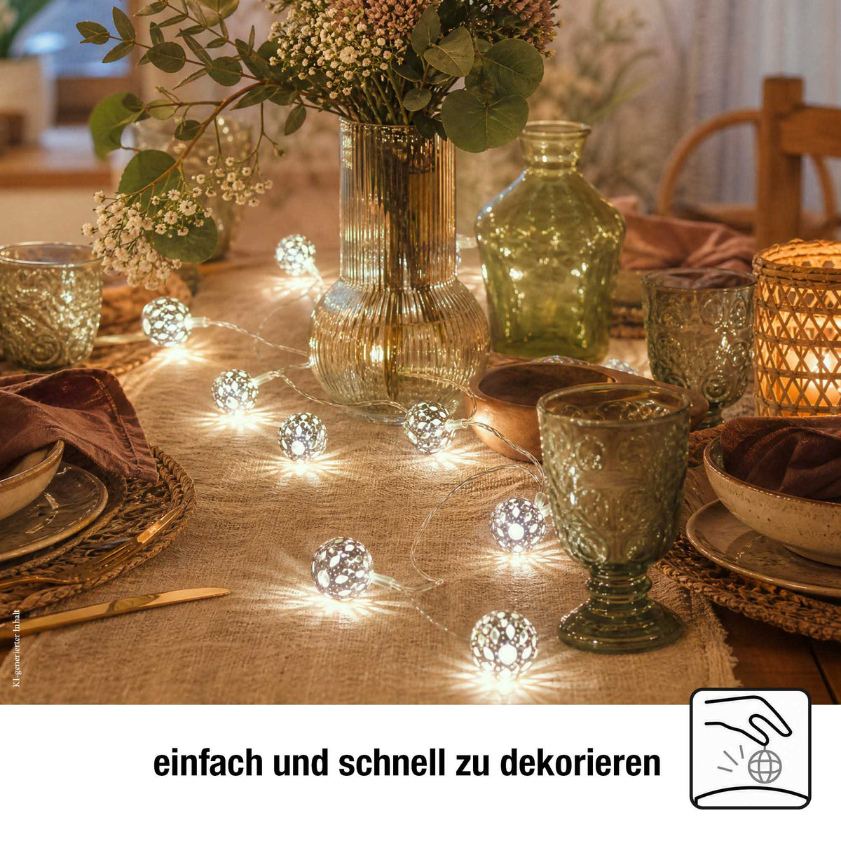 LED Lichterkette mit Metallbällen innen, 10 LED weiß, 0,9 m beleuchtet, transparentes Kabel, mit Timer, batteriebetrieben