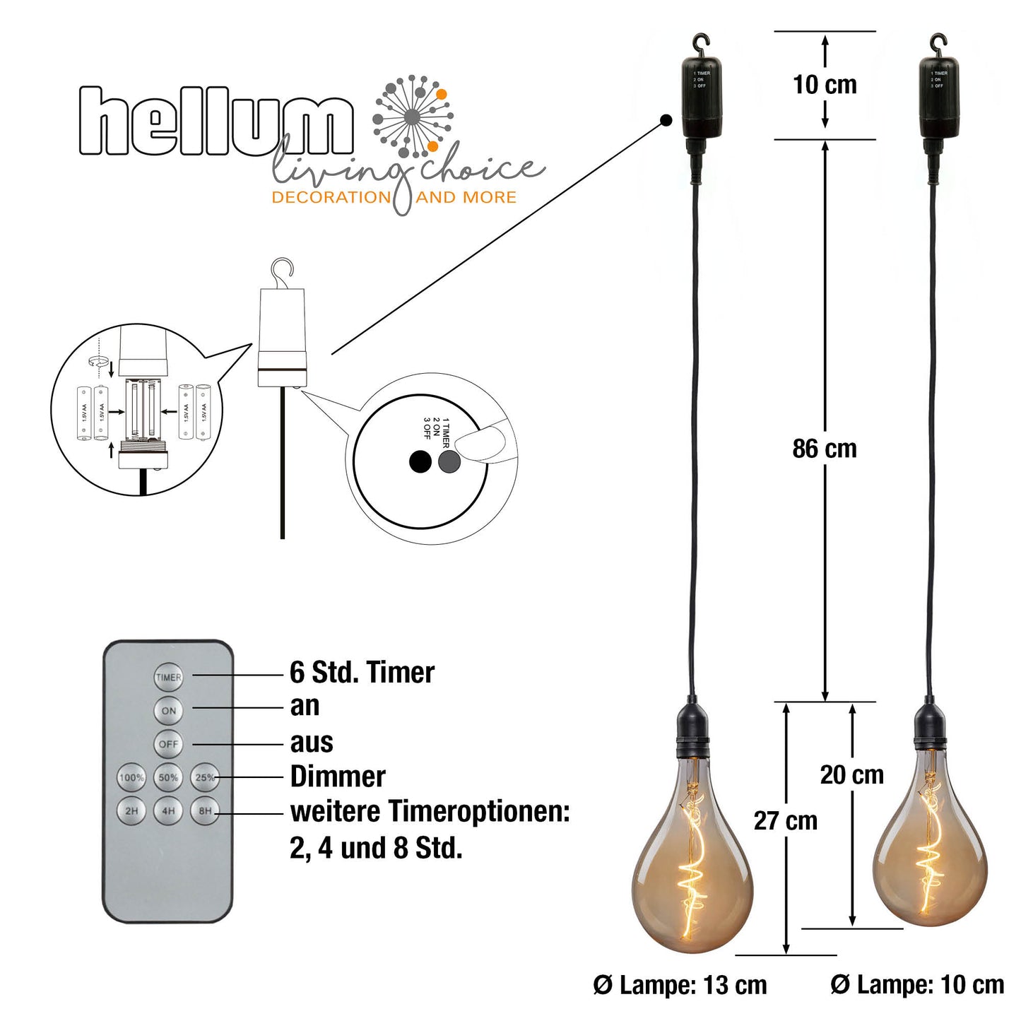 2-tlg. Set Vintage-Hängelampen, goldfarbene Lampen, mit LED-Spiral-Strang, A100 + A130, 10x20 + 13x23 cm, batteriebetrieben, für außen