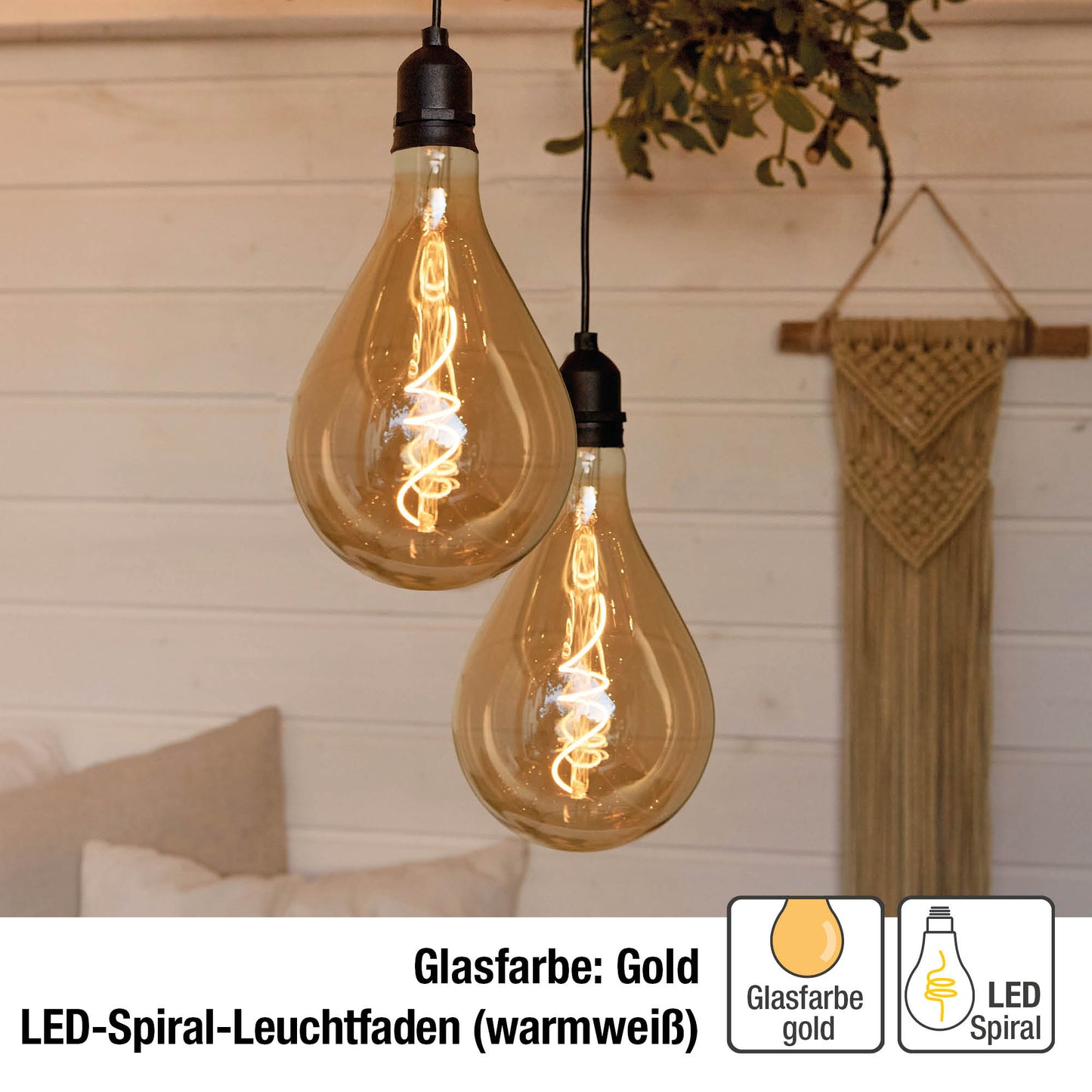 2-tlg Set LED Vintage-Hängelampen, goldfarbene Lampen mit LED-Spiral-Strang, A100+A100, 10x20 cm, batteriebetrieben, für außen, 524376 x 2