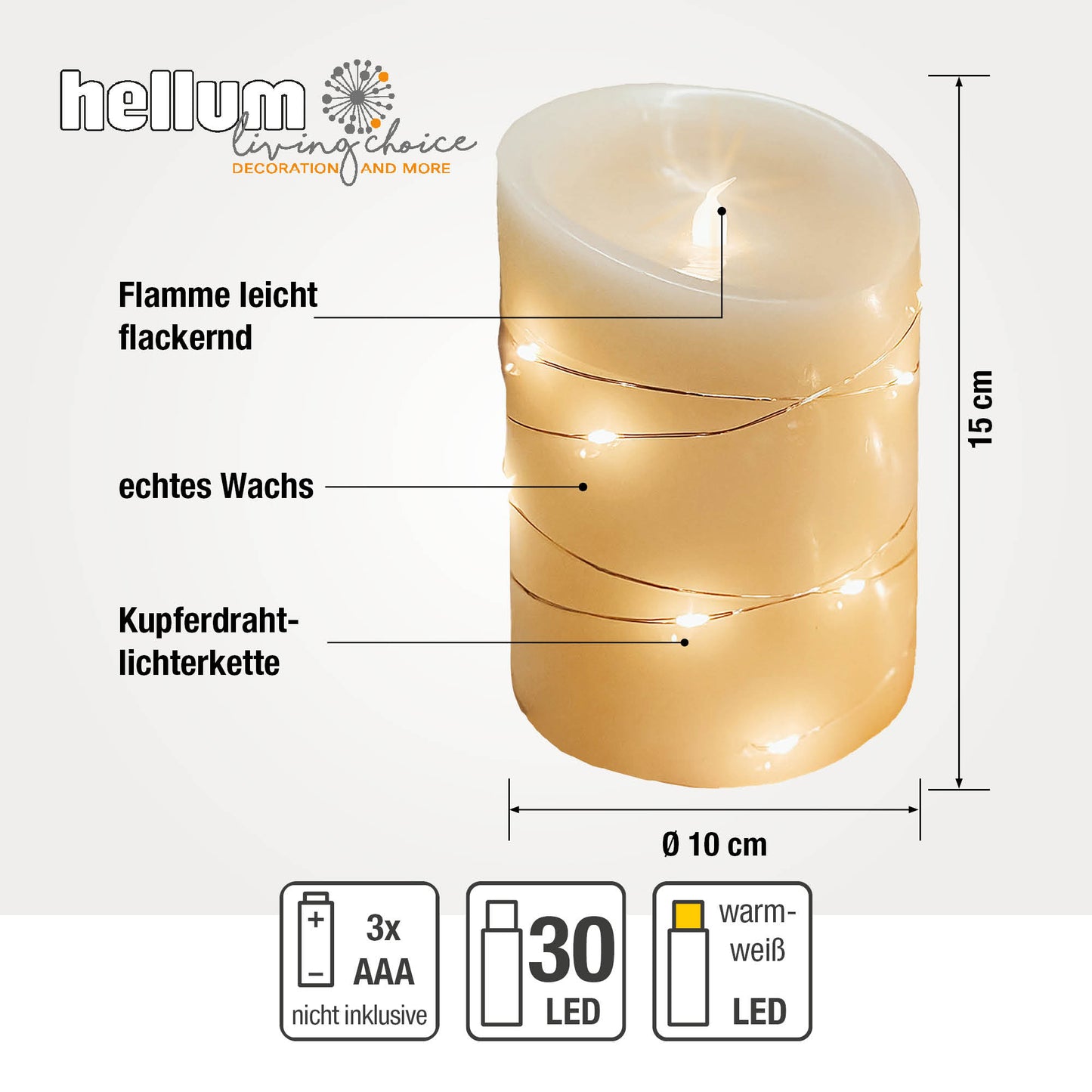 LED-Wachskerze mit Lichterkette "Tautropfen" , H 15cm, D 10cm, 29 + 1 LEDs ww, batteriebetrieben