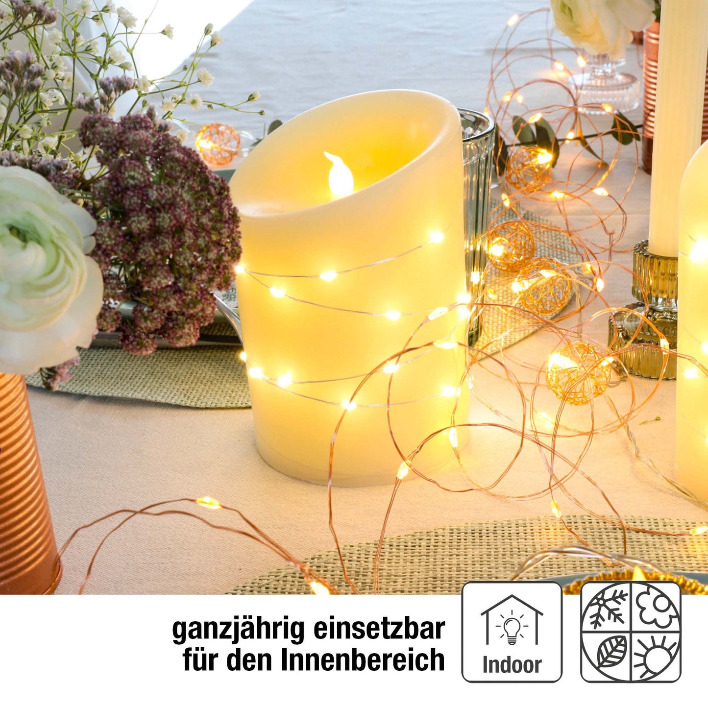 LED-Wachskerze mit Lichterkette "Tautropfen" , H 15cm, D 10cm, 29 + 1 LEDs ww, batteriebetrieben