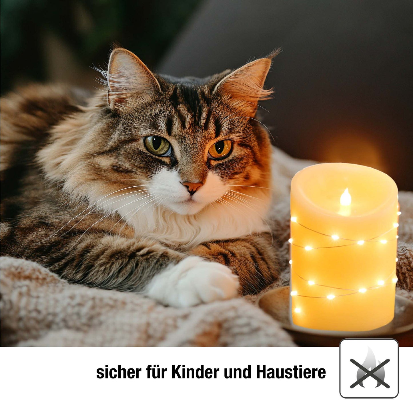 LED-Wachskerze mit Lichterkette "Tautropfen" , H 15cm, D 10cm, 29 + 1 LEDs ww, batteriebetrieben