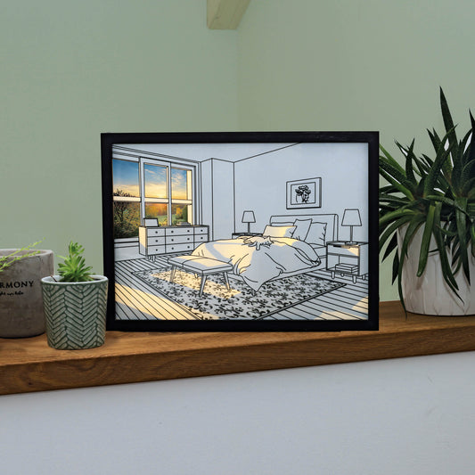 LED Bilderrahmen "Schlafzimmer mit Katze"  mit Timer und Dimmfunktion, batteriebetrieben