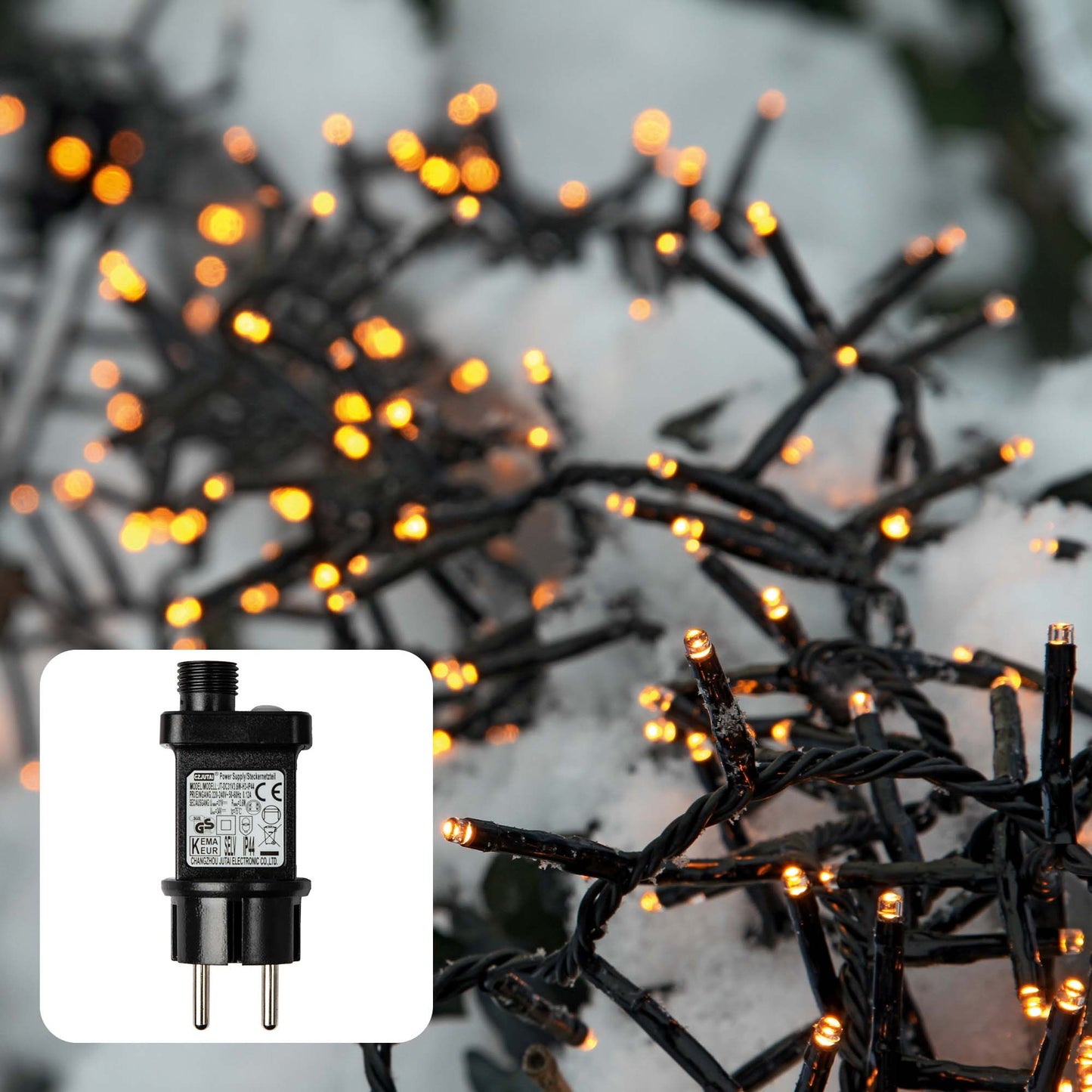 Lichterkette außen mit 370 warmweißen LED, 7,38 m, schwarzes Kabel, mit Stecker und Timer, Cluster (Snake) Design