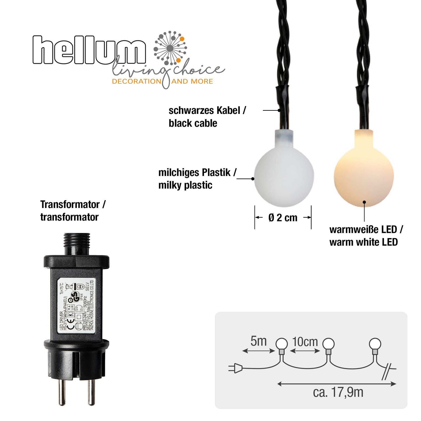 LED-Lichterkette mit Kugeln, 180 LEDs ww, auf Trommel, Kabel schwarz, mit Außen-Transformator