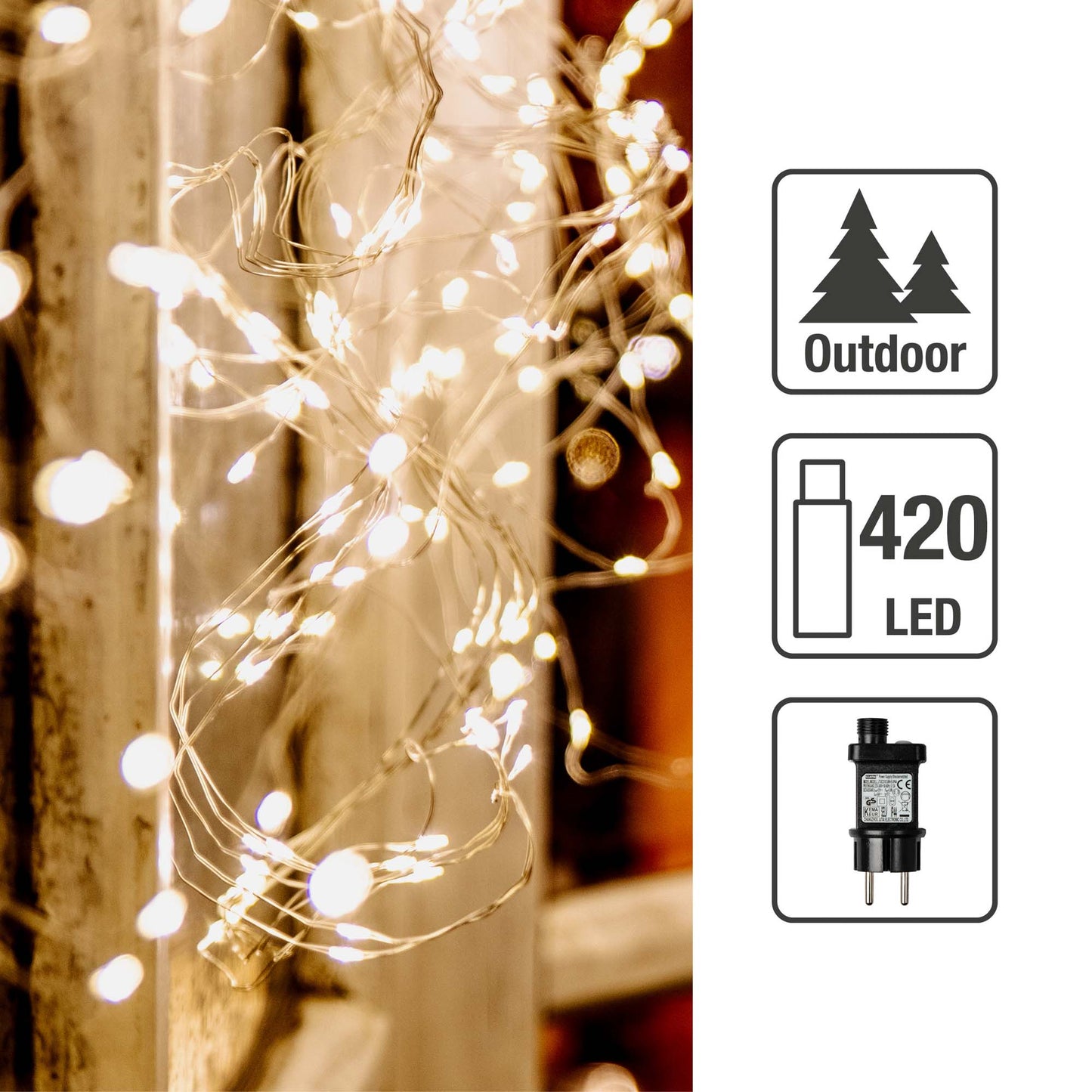 LED-Cluster-Lichterkette “Tauperlen“, 420 LEDs ww, mit optionalem Timer, Außen-Trafo