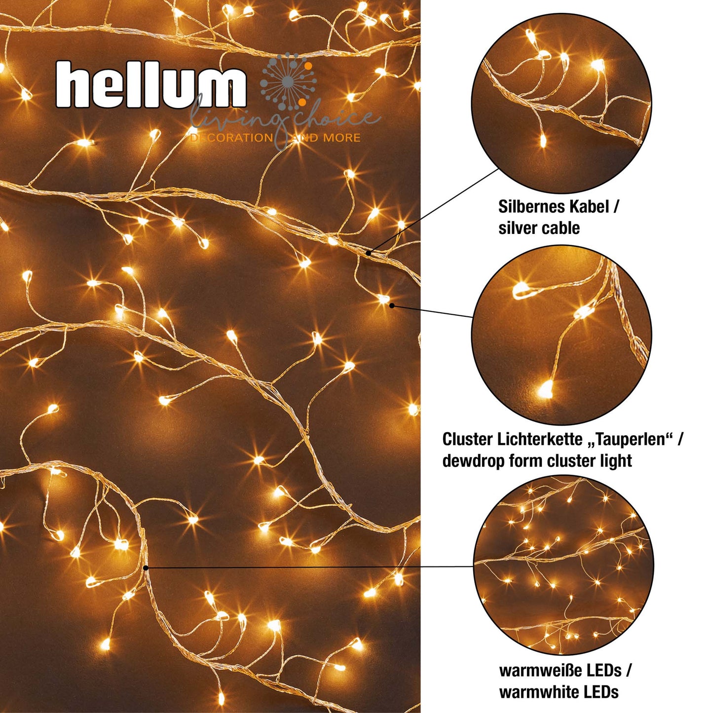 LED-Cluster-Lichterkette “Tauperlen“, 420 LEDs ww, mit optionalem Timer, Außen-Trafo