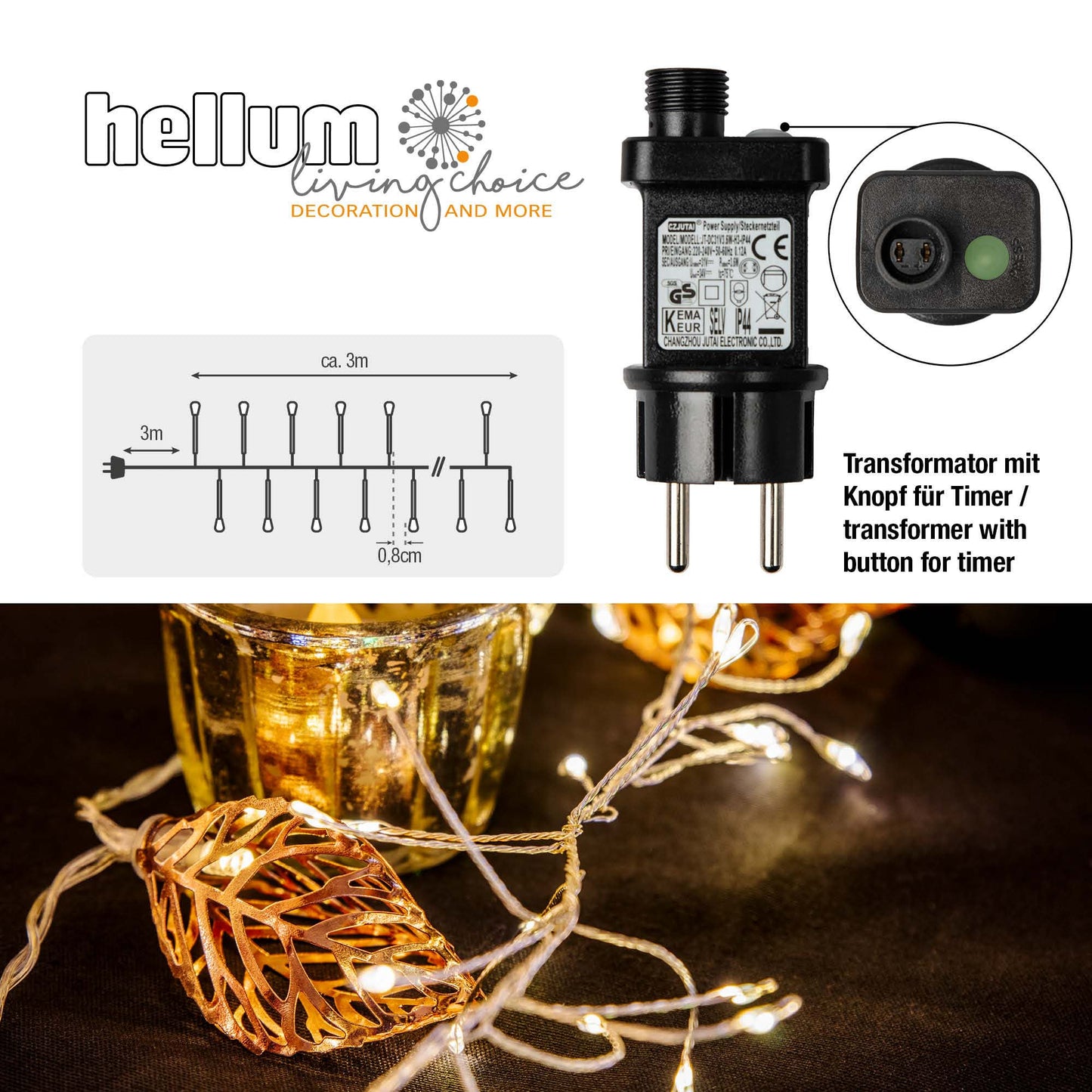 LED-Cluster-Lichterkette “Tauperlen“, 420 LEDs ww, mit optionalem Timer, Außen-Trafo