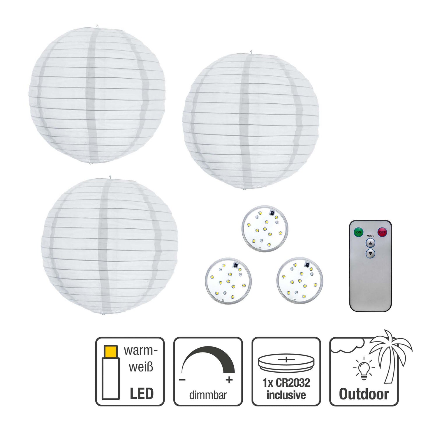 3 Stück/Set, Hellum LED-Lampion weiß, warm-weiße LED, dimmbar, mit Fernbedienung, batteriebetrieben