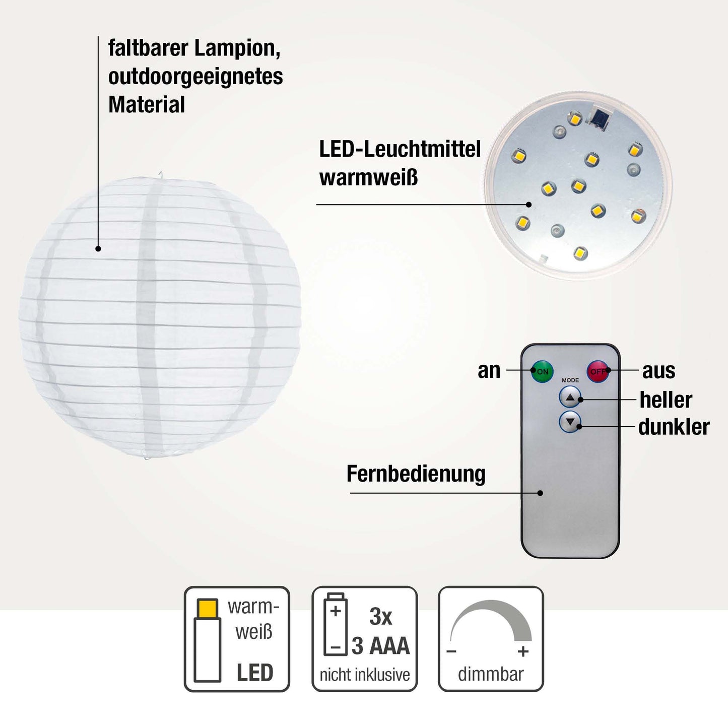 3 Stück/Set, Hellum LED-Lampion weiß, warm-weiße LED, dimmbar, mit Fernbedienung, batteriebetrieben