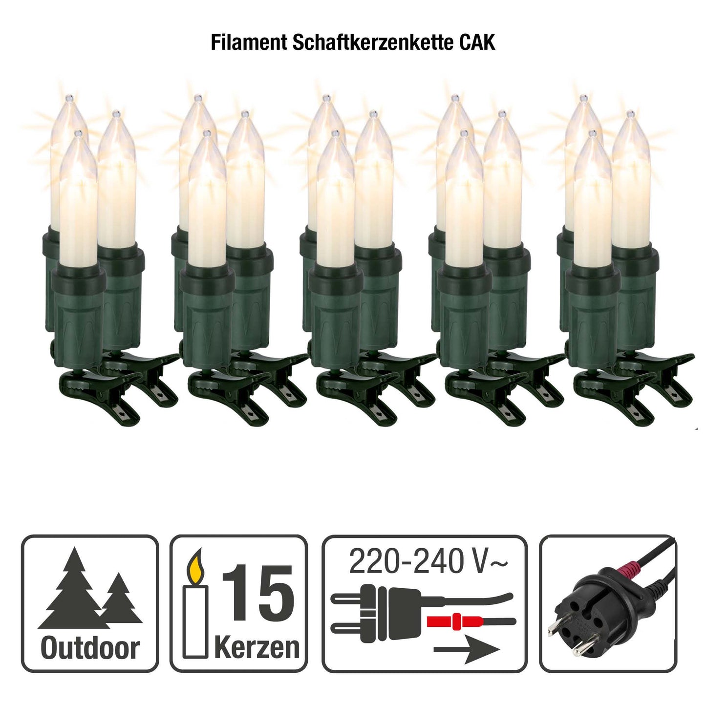 Hellum Weihnachtsbaum Lichterkette Außen – 15 weiße Kerzen mit Clip, 14m beleuchtet, warmweiß, IP44, schwarz