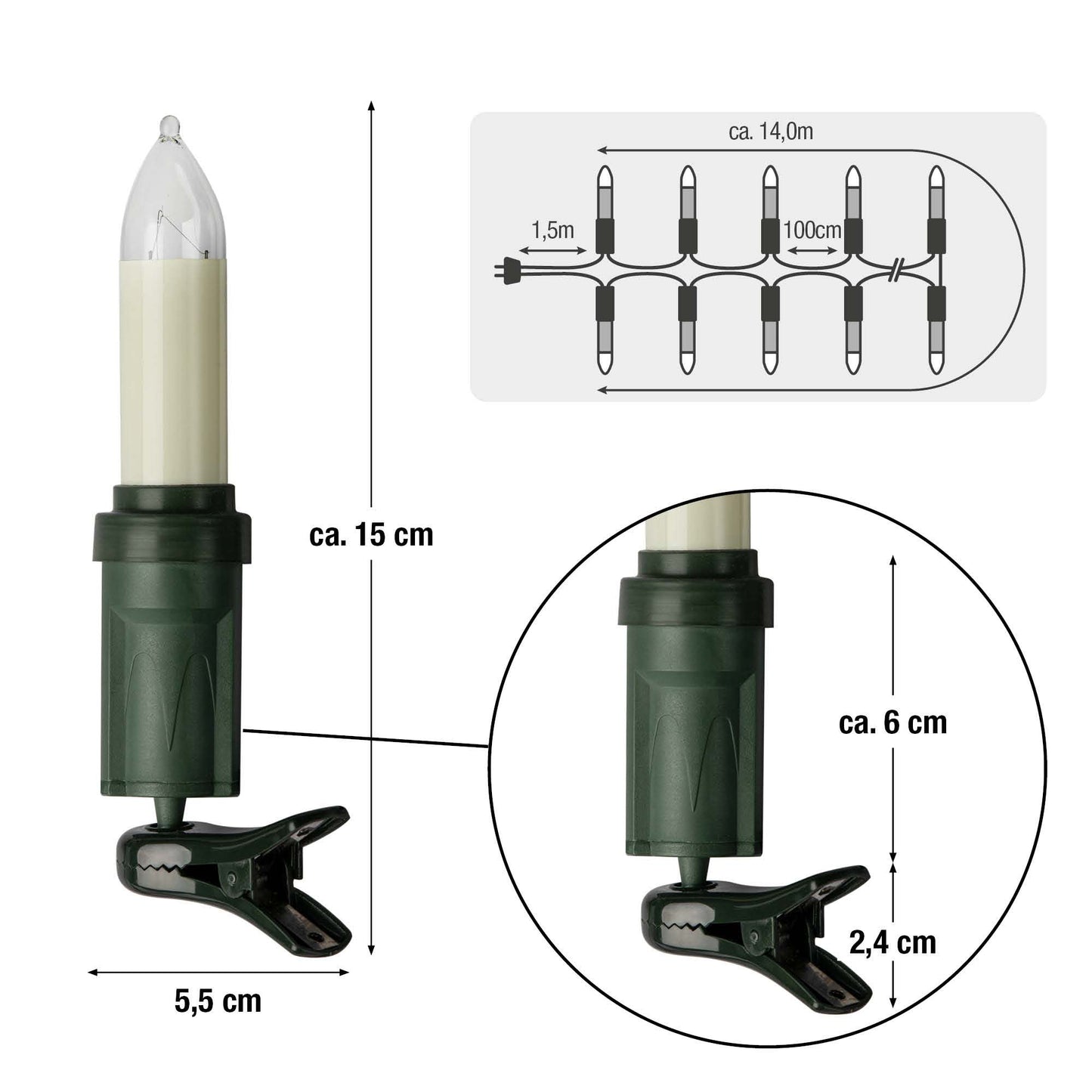 Hellum Weihnachtsbaum Lichterkette Außen – 15 weiße Kerzen mit Clip, 14m beleuchtet, warmweiß, IP44, schwarz