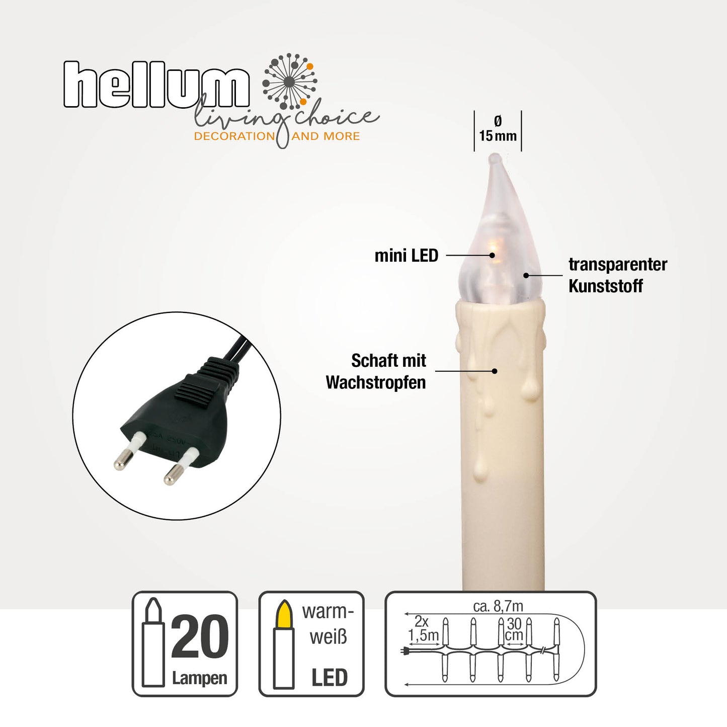 20-tlg. LED-Riffelkerzenkette, warm-weiße LEDs, für innen, mit EU-Stecker