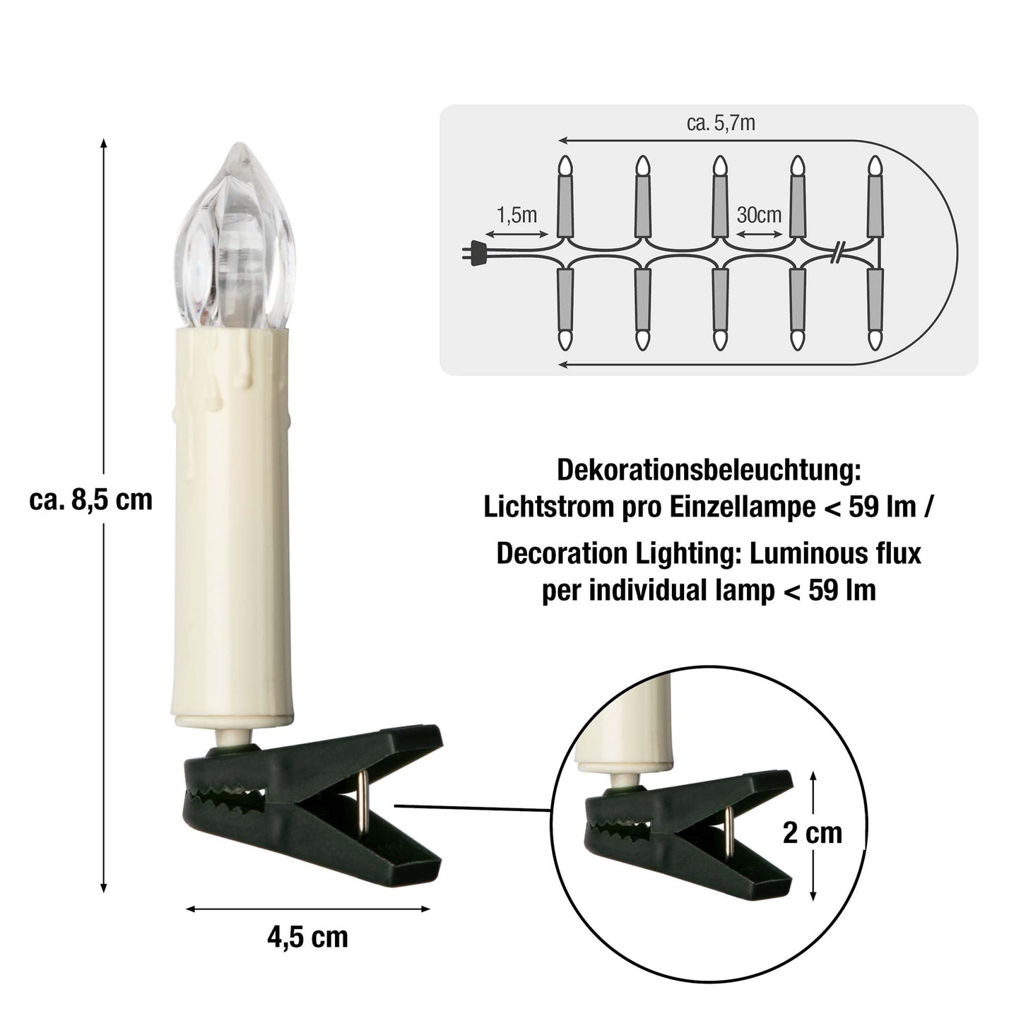 LED-Riffelkerzenkette, 20 LEDs ww, für innen