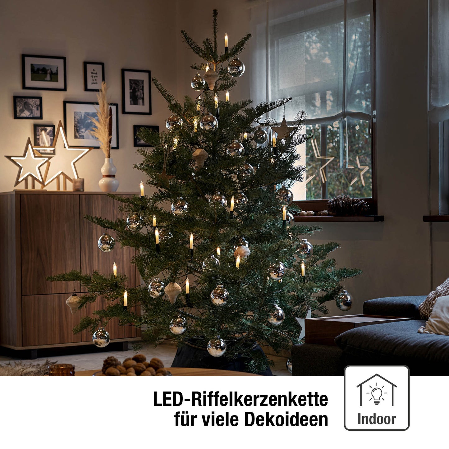 20-tlg. LED-Riffelkerzenkette, warm-weiße LEDs, für innen, mit EU-Stecker