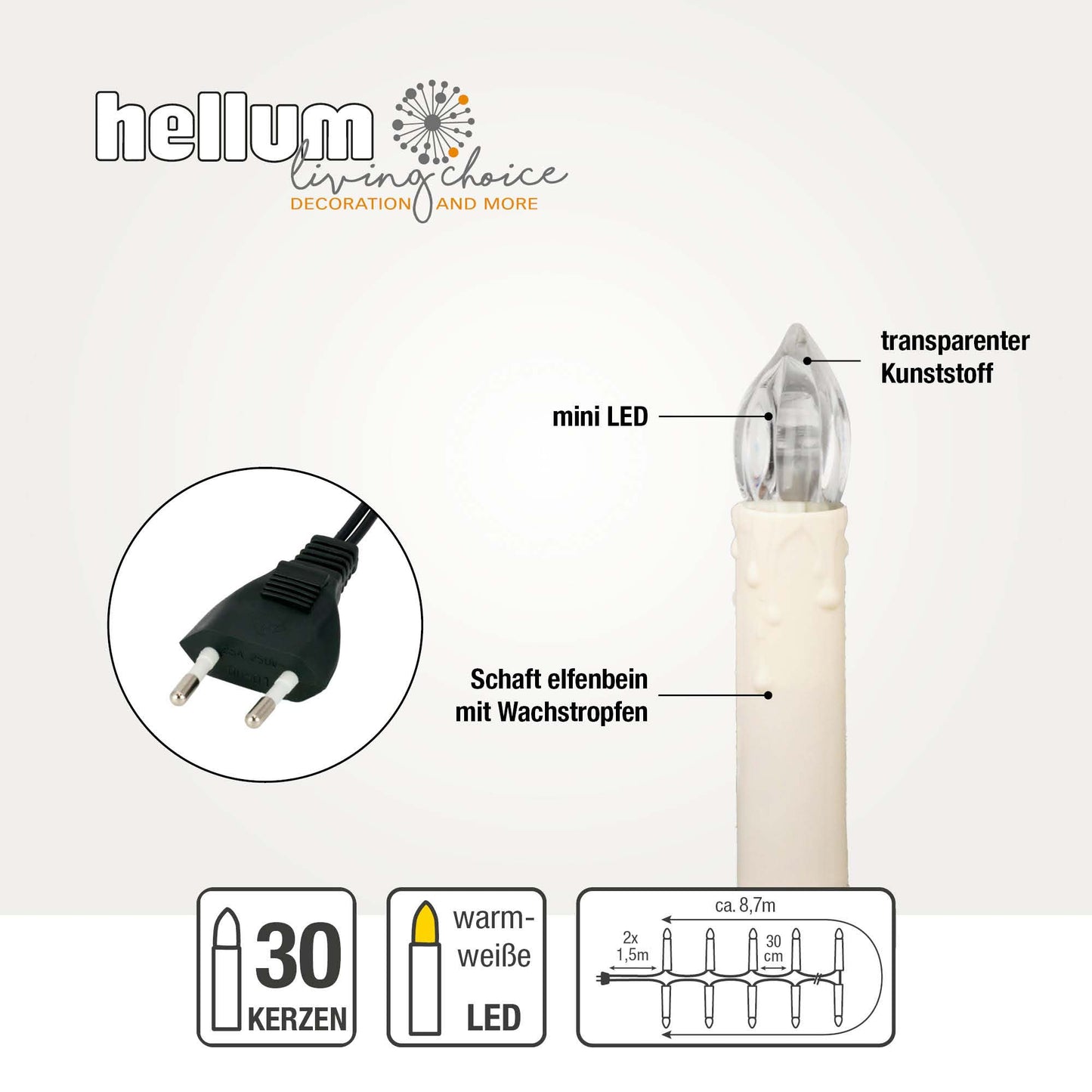 LED Lichterkette Weihnachtsbaum, 30 LED warmweiß, Lichterkette Kerzen innen elfenbein 8,7m beleuchtet, 560336