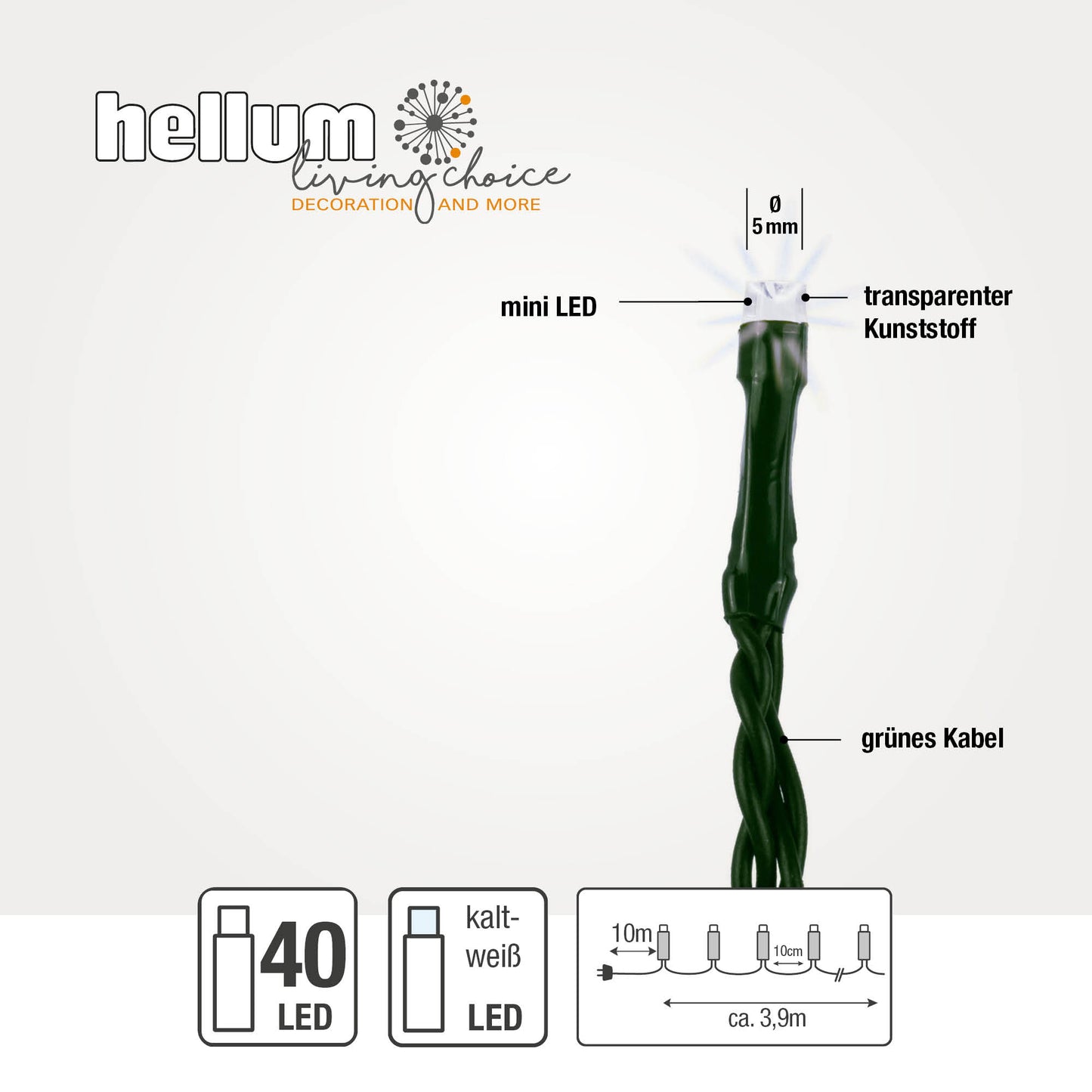 Hellum LED Lichterkette, 40 LEDs, kaltweiß, 3,90m beleuchtet, für außen 560411