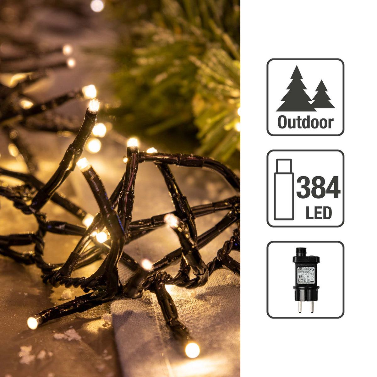 Hellum LED Lichterkette schwarz,Cluster 384 LED warmweiß 8 Funktionen, mit Transformator, für Außen 561050