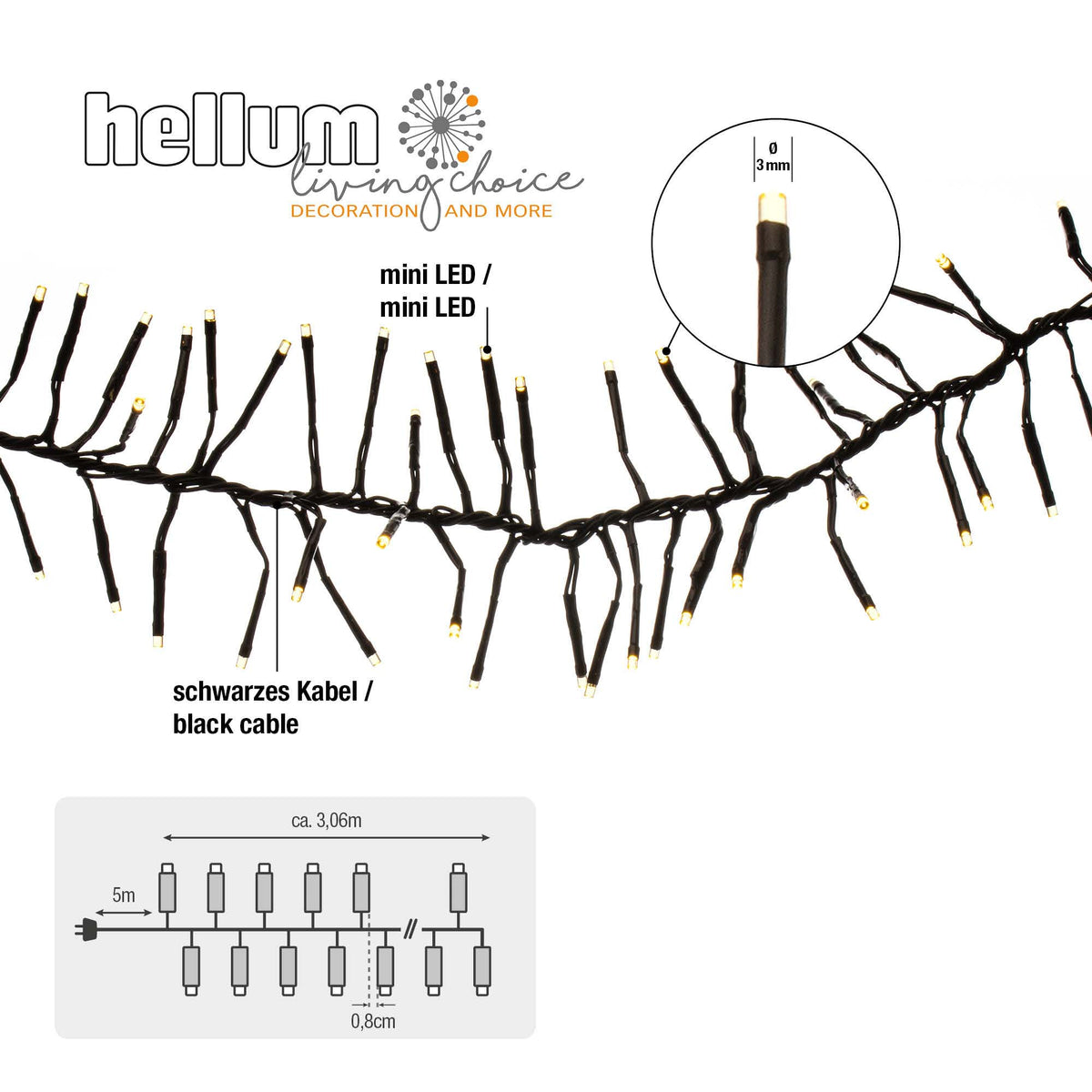Hellum LED Lichterkette schwarz,Cluster 384 LED warmweiß 8 Funktionen, mit Transformator, für Außen 561050