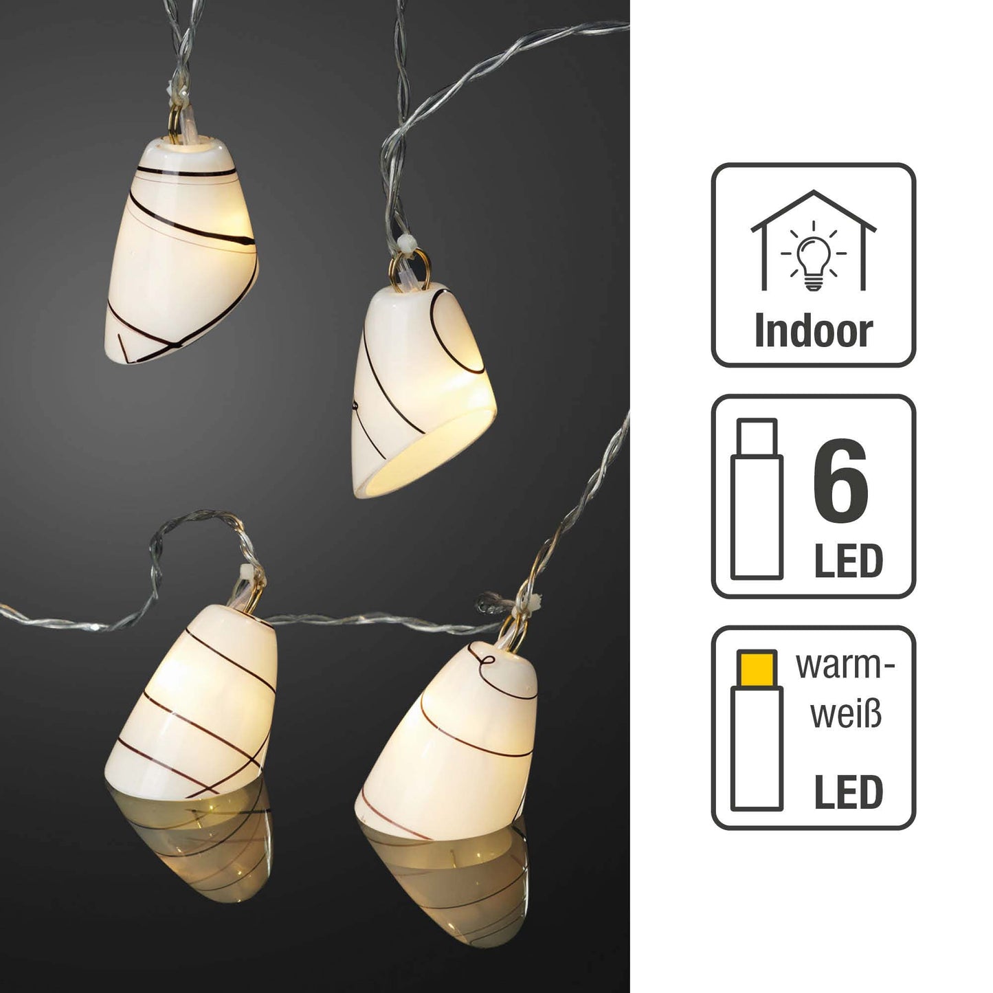 LED-Lichterkette mit Glasdekoration, 6 LEDs ww, Innen-Transformator