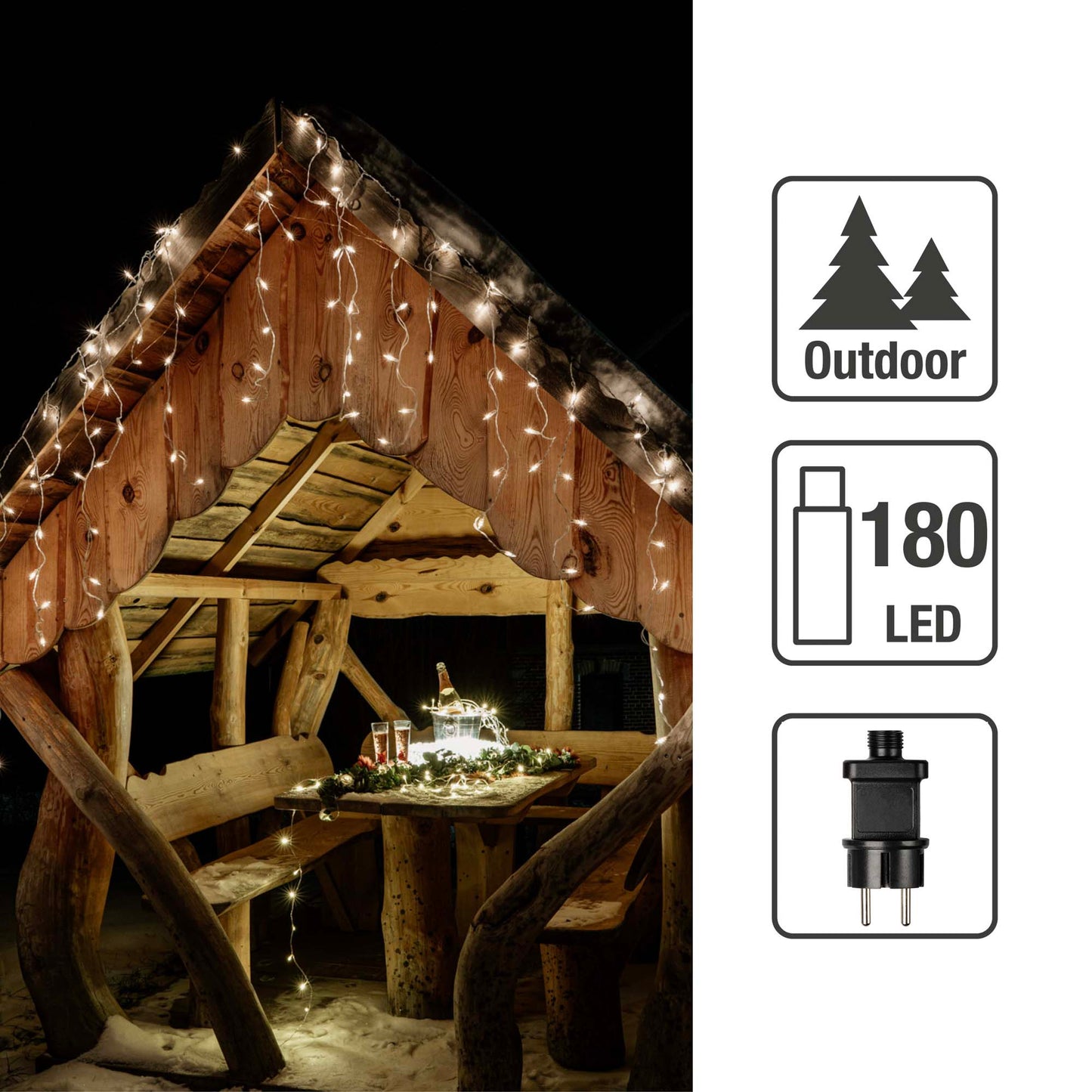 LED-Eislichtvorhang, 180 LEDs warm-weiß, Außen-Transformator