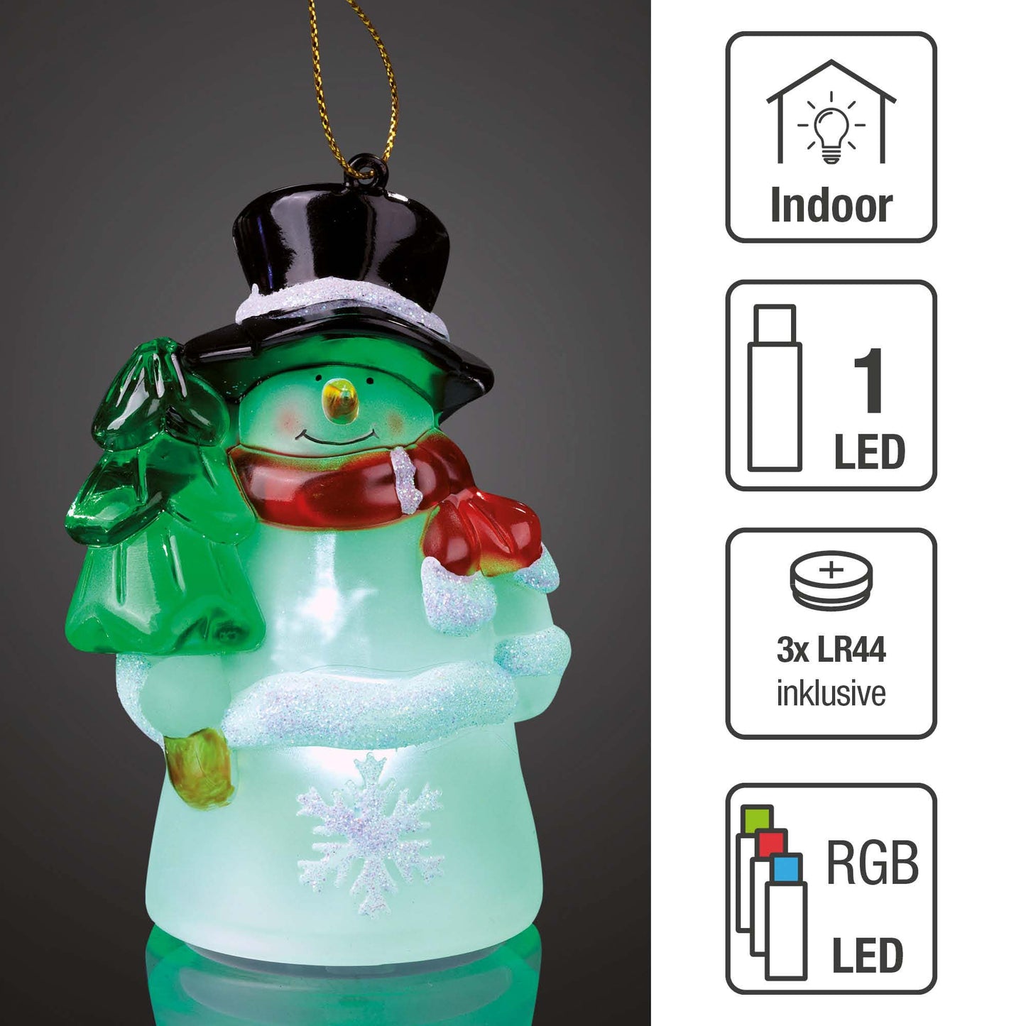 LED-Schneemann zum Aufhängen, 1 LED, RGB, batteriebetrieben