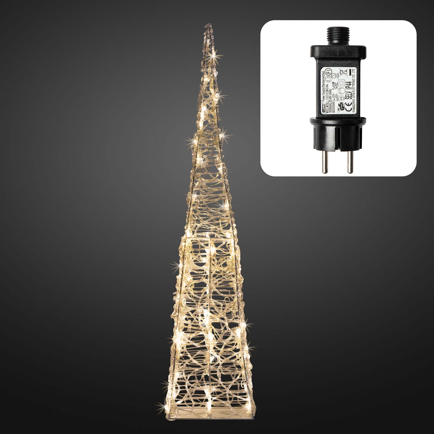 LED-Acryl-Pyramide, 150 LEDs ww,  H: 150 cm,  Außen-Transformator