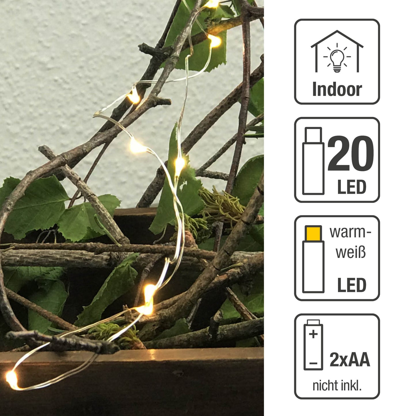 LED-Dekolichterkette mit Kupferkabel, 20 LEDs ww, batteriebetrieben
