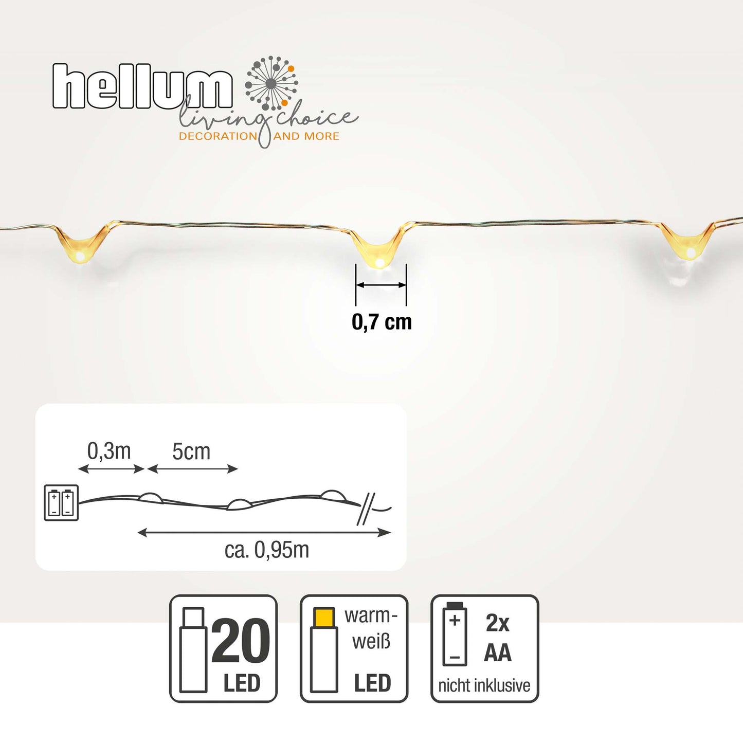 Hellum LED-Kupfer-Lichterkette Tauperlen, 20 LEDs, batteriebetrieben 570700