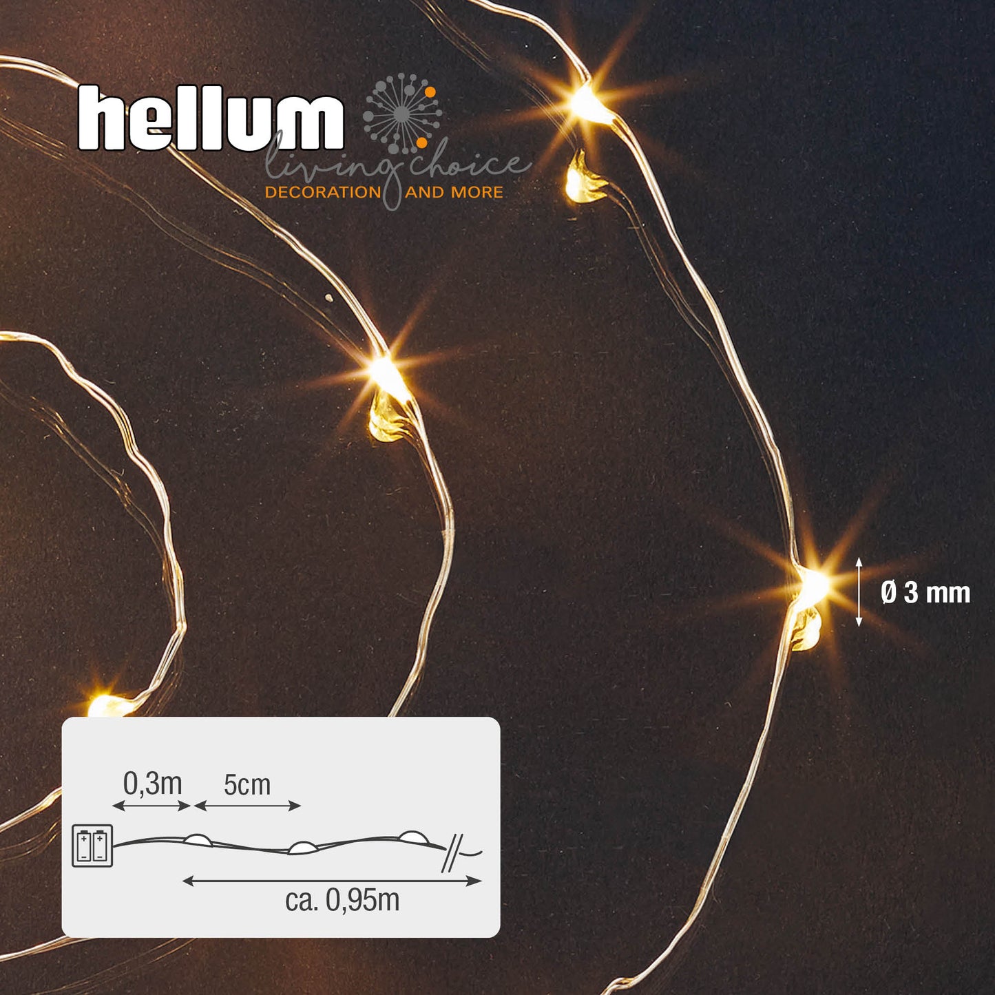 LED-Dekolichterkette mit Kupferkabel, 20 LEDs ww, batteriebetrieben