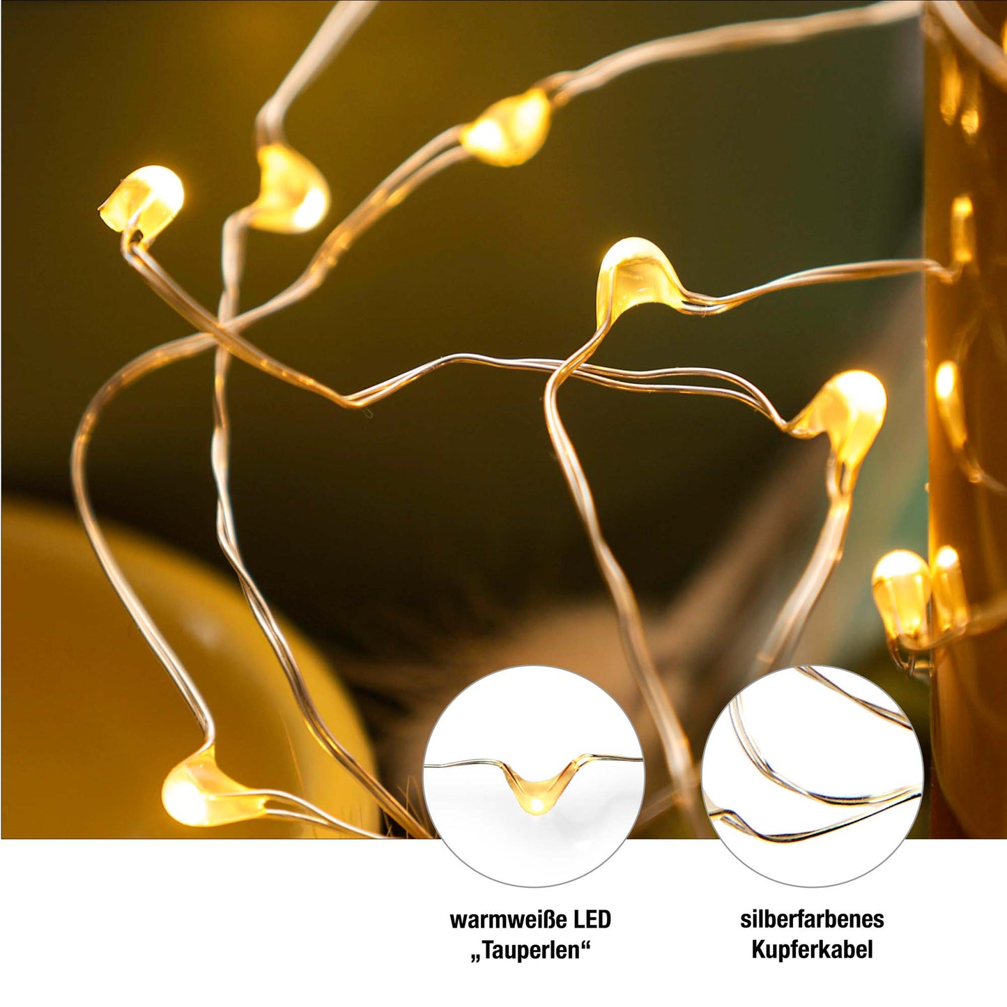 Hellum LED-Kupfer-Lichterkette Tauperlen, 20 LEDs, batteriebetrieben, 2er Set  570700
