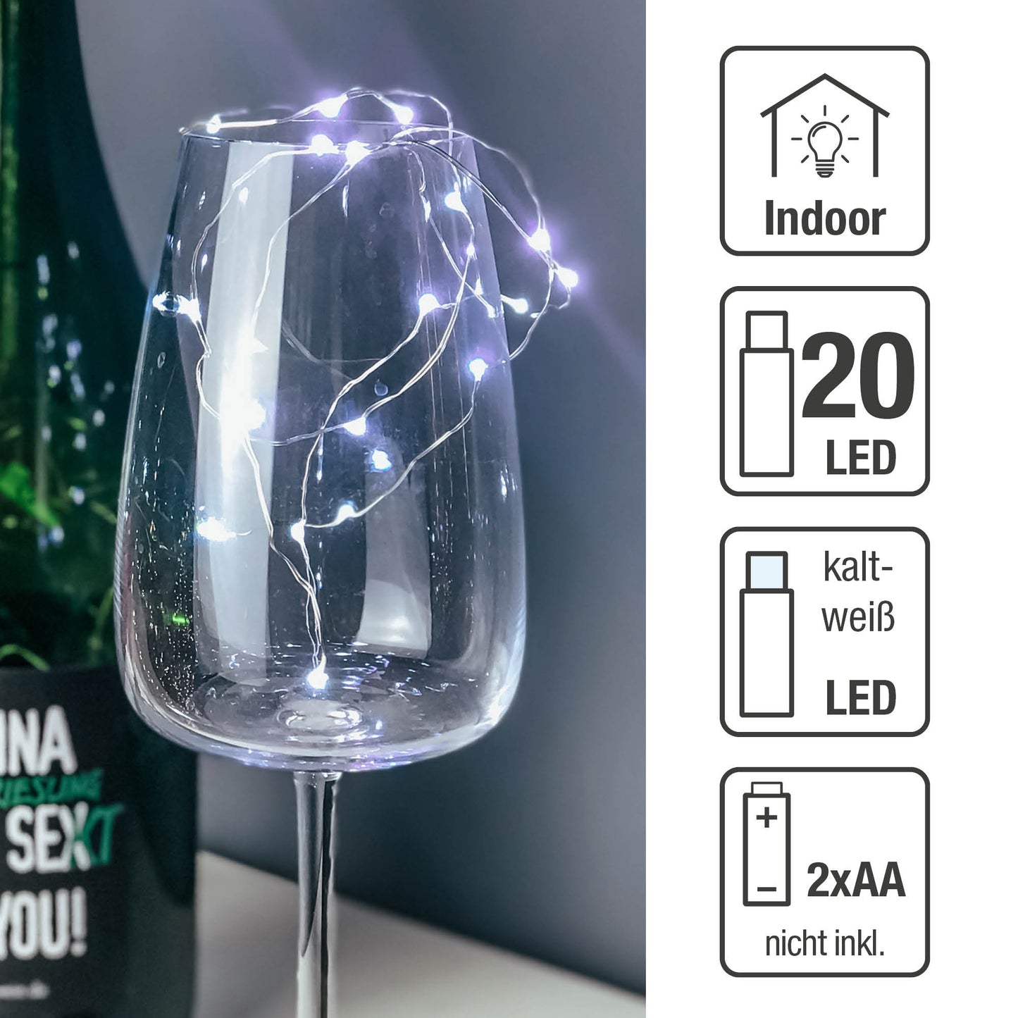 LED-Lichterkette, Kupferkabel, 20 LEDs weiß, batteriebetrieben