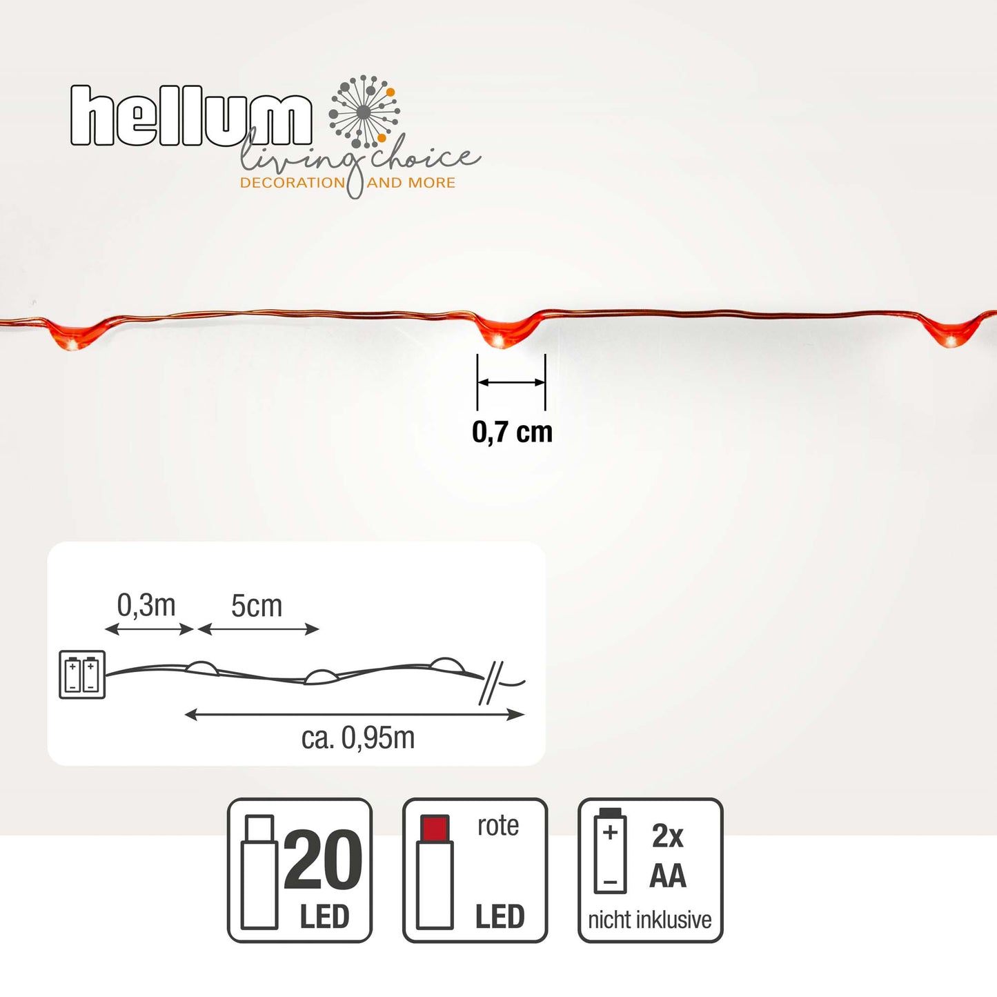 Hellum Tauperlenlichterkette rot, 20 LEDs, beleuchtet 0,95m, Batterie 570755