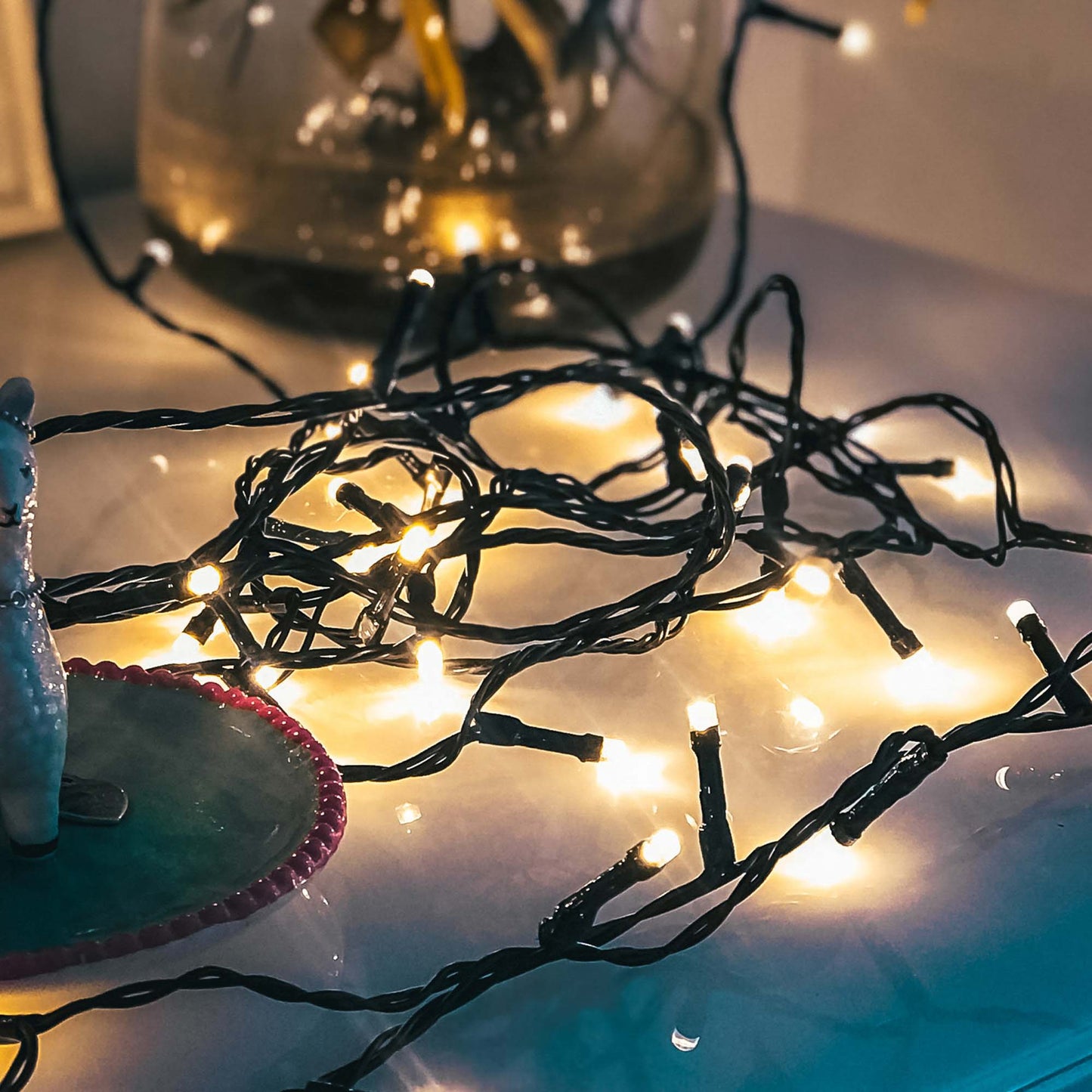 20-tlg. LED-Lichterkette, warm-weiße LEDs, grünes Kabel, batteriebetrieben