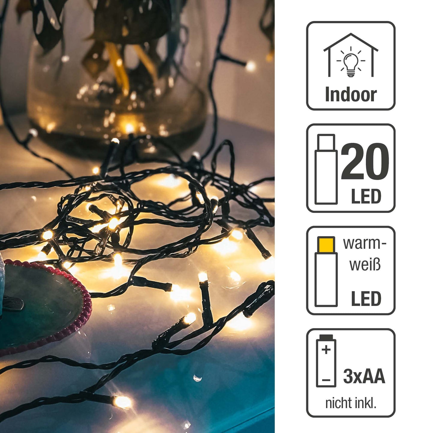 20-tlg. LED-Lichterkette, warm-weiße LEDs, grünes Kabel, batteriebetrieben