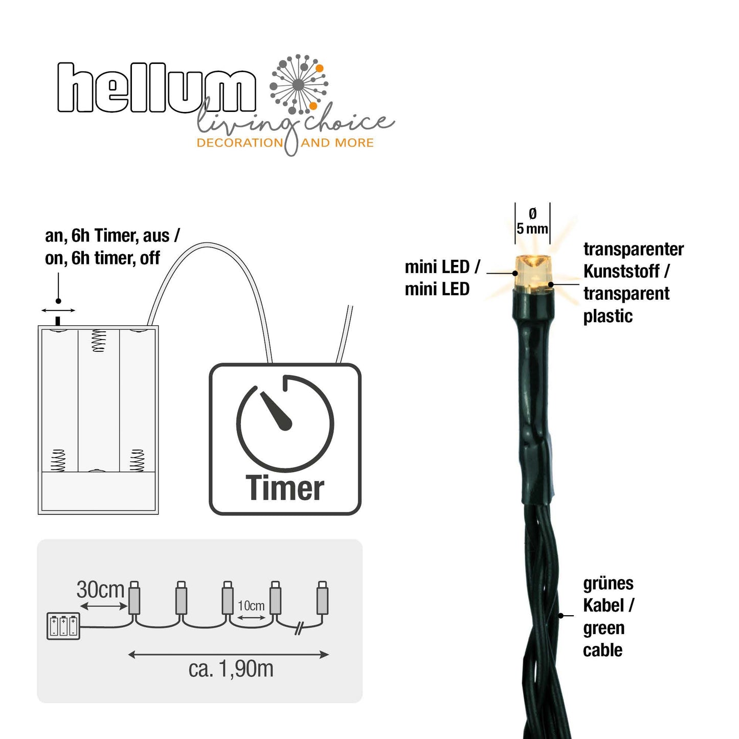 20-tlg. LED-Lichterkette, warm-weiße LEDs, grünes Kabel, batteriebetrieben