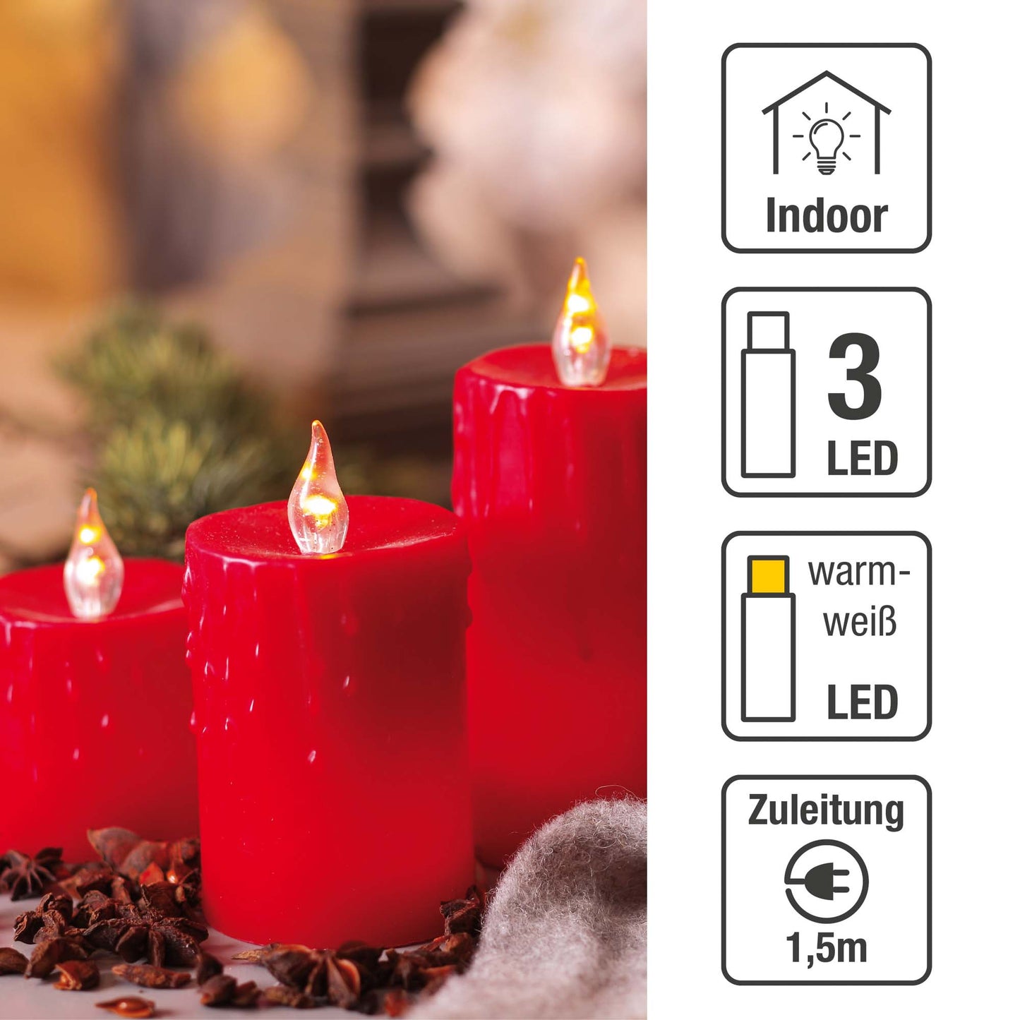 Echtwachskerzen-Set, rot, mit Wachstropfen, Innen-Trafo
