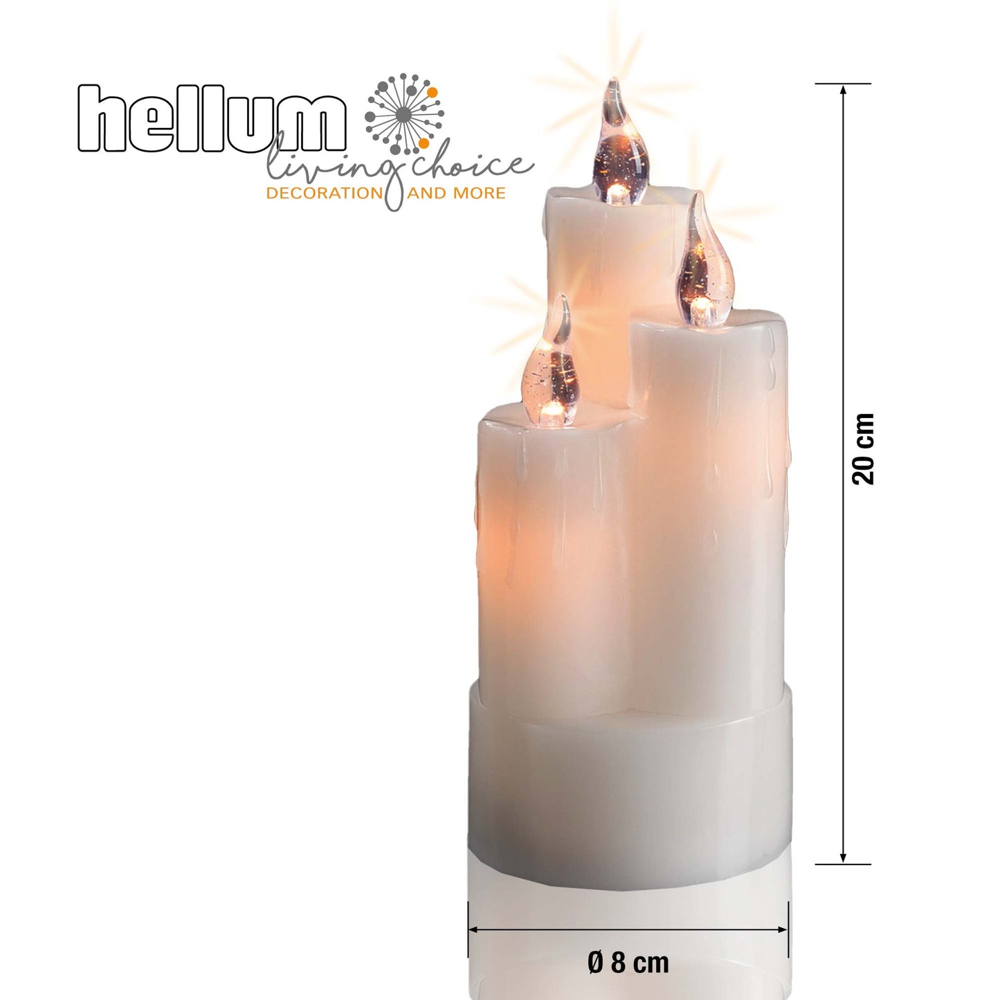 LED-Echtwachskerze, 3 Kerzen kombiniert, weiß, 6 LEDs ww,  H: 20cm, DIA 8cm, batteriebetrieben