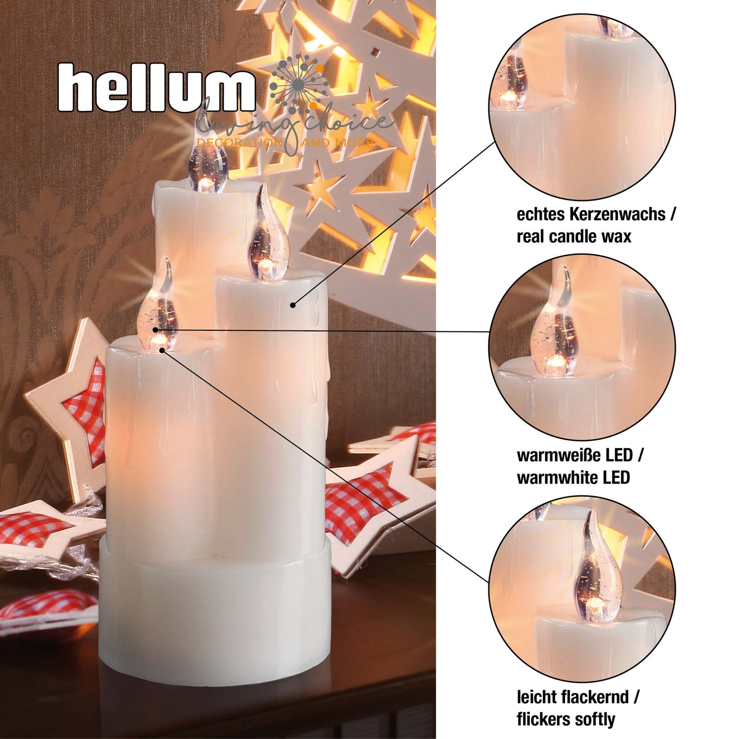 LED-Echtwachskerze, 3 Kerzen kombiniert, weiß, 6 LEDs ww,  H: 20cm, DIA 8cm, batteriebetrieben