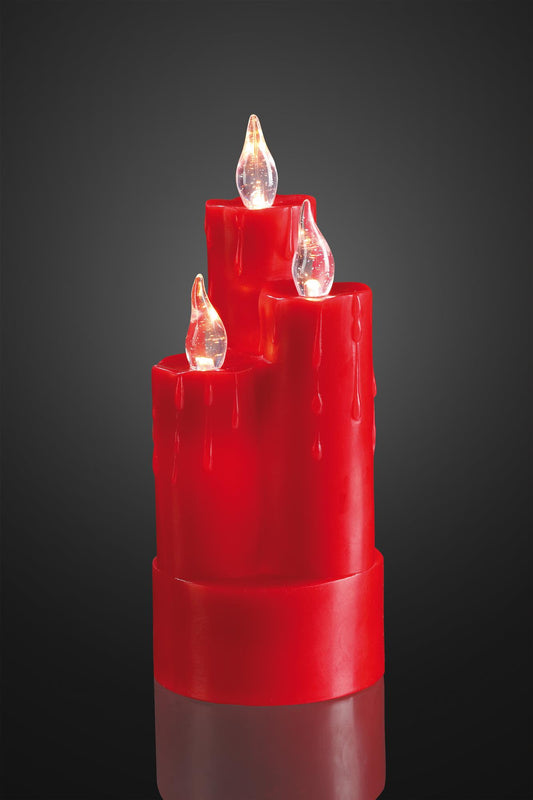 LED-Echtwachskerze, 3 Kerzen kombiniert, rot, 6 LEDs ww, H: 20cm, DIA 8cm, batteriebetrieben