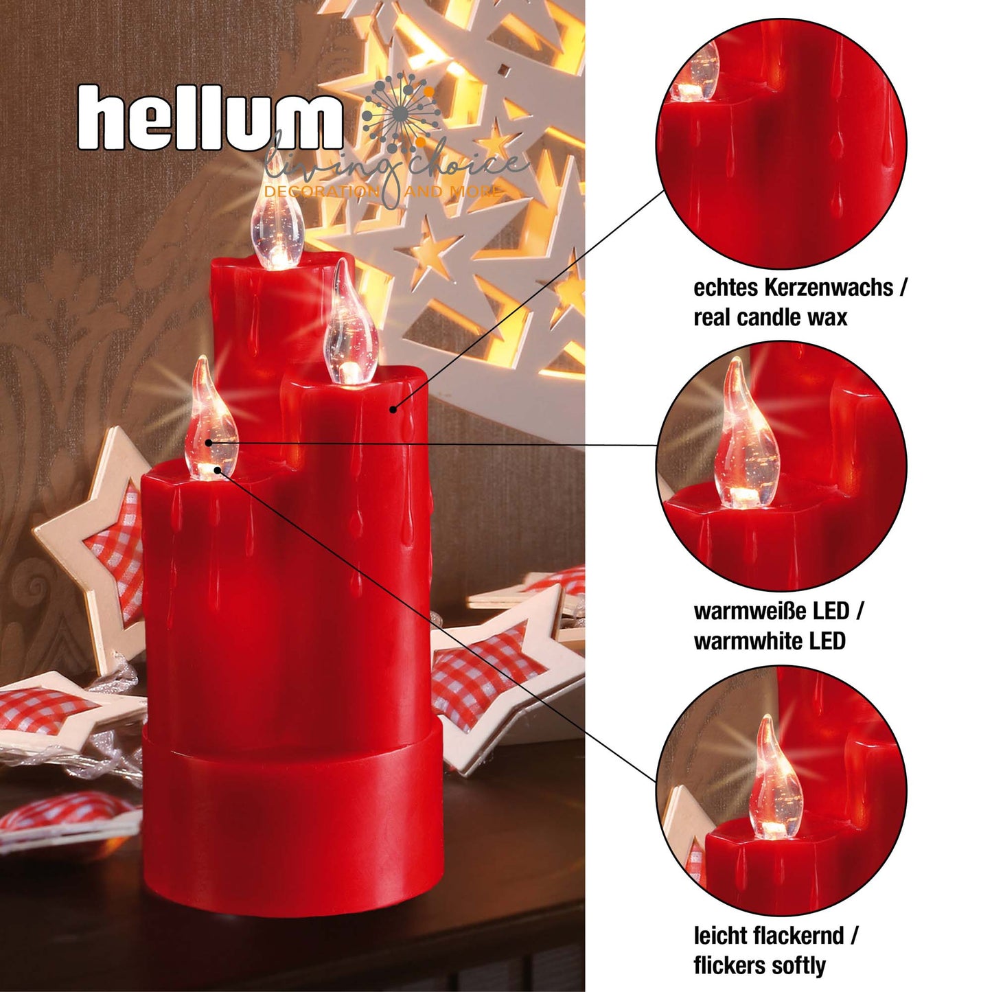LED-Echtwachskerze, 3 Kerzen kombiniert, rot, 6 LEDs ww, H: 20cm, DIA 8cm, batteriebetrieben