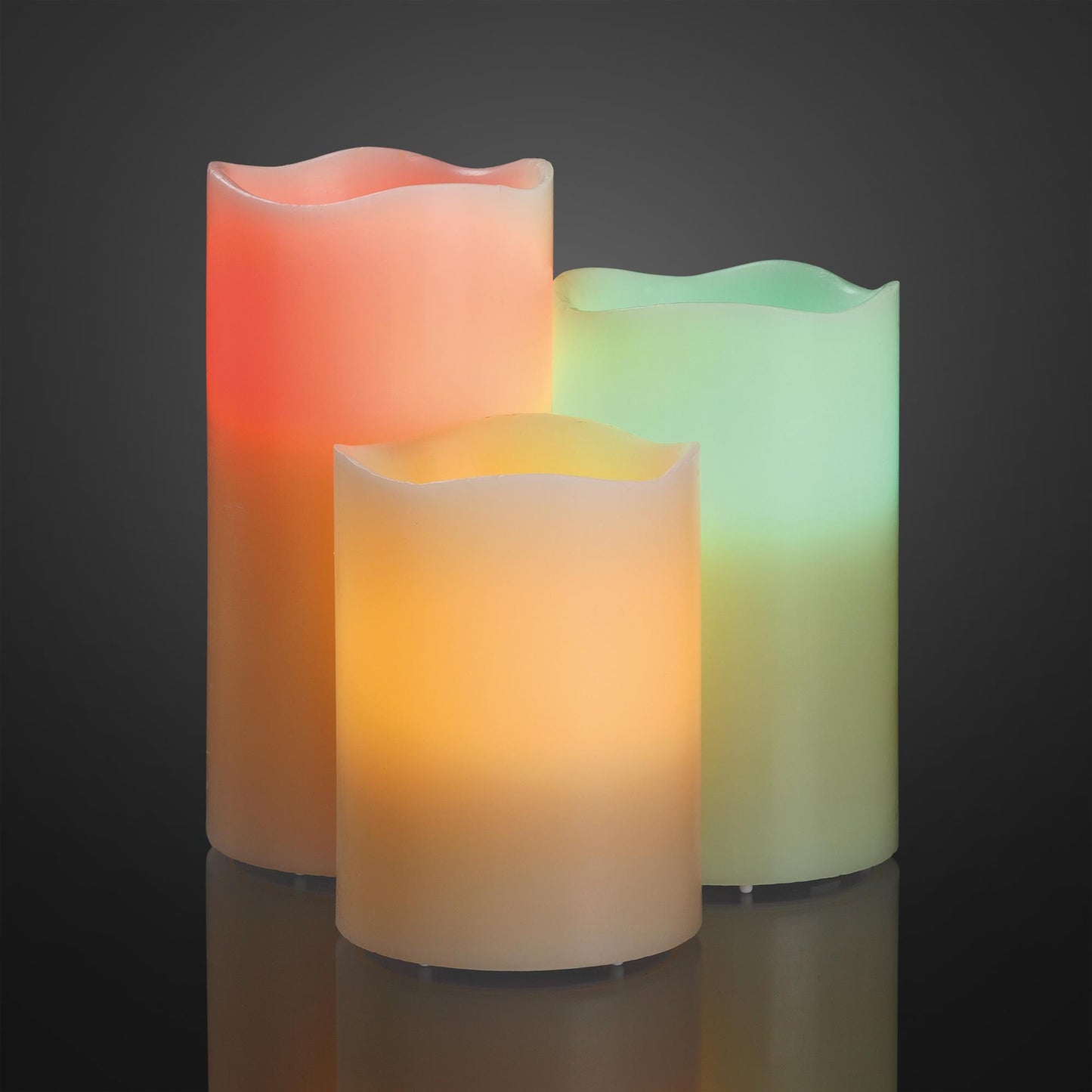LED-Kerzen, 3er-Set, 15/12,5/10 cm hoch, weiß, RGB, Timer, FB, batteriebetrieben