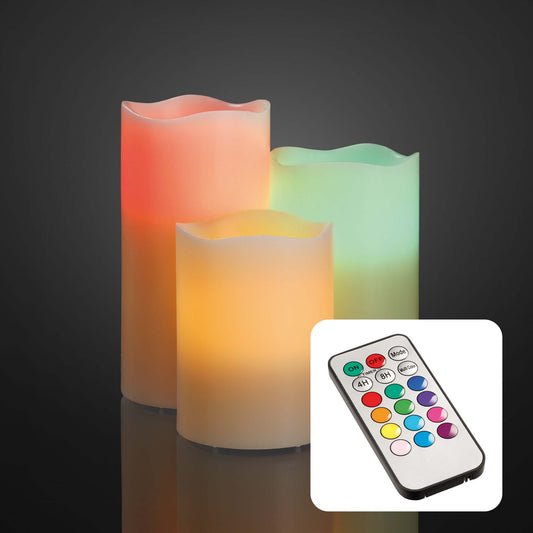 LED-Kerzen, 3er-Set, 15/12,5/10 cm hoch, weiß, RGB, Timer, FB, batteriebetrieben