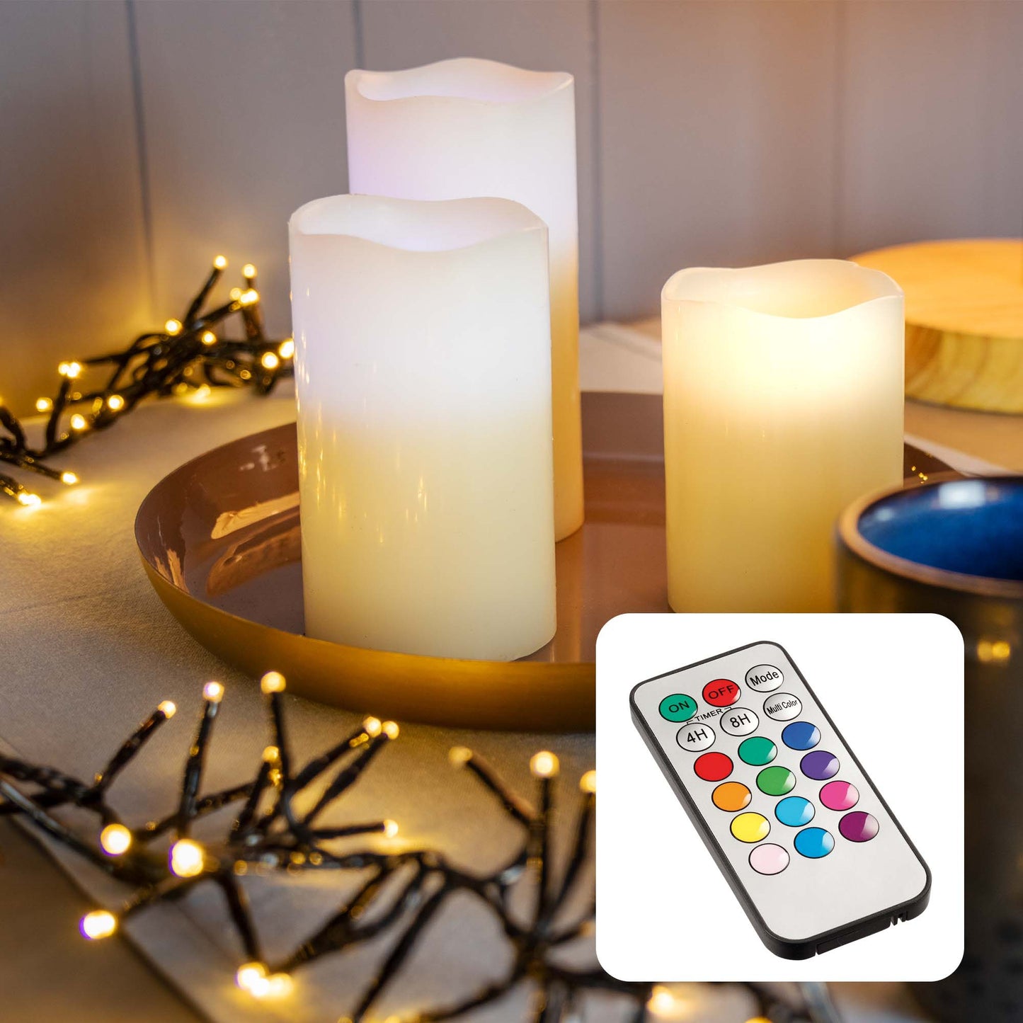 LED-Kerzen, 3er-Set, 15/12,5/10 cm hoch, weiß, RGB, Timer, FB, batteriebetrieben